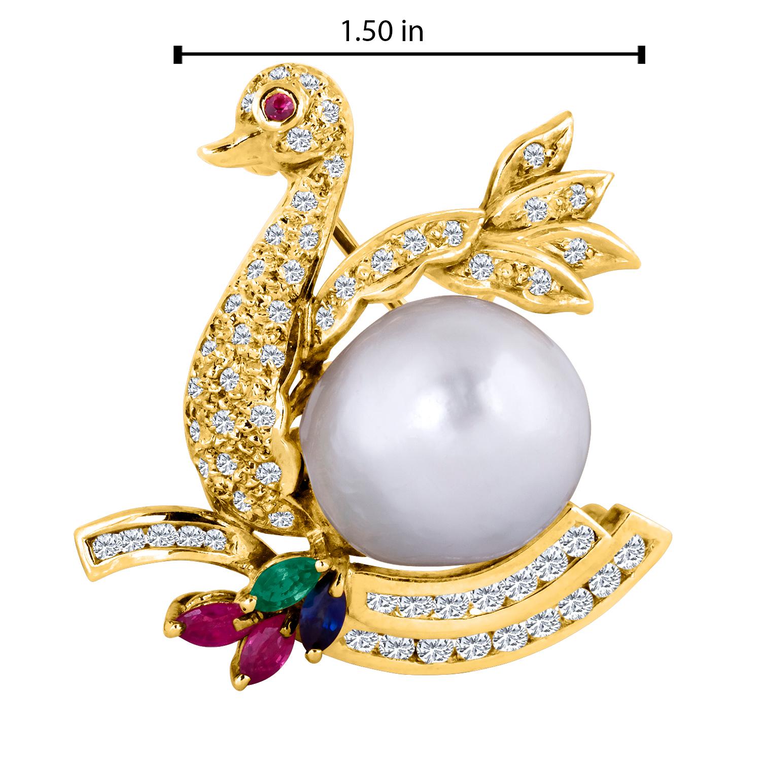 Modern 18 Karat Yellow Gold Diamond Swan Brooch with a South Sea Pearl Belly For Sale