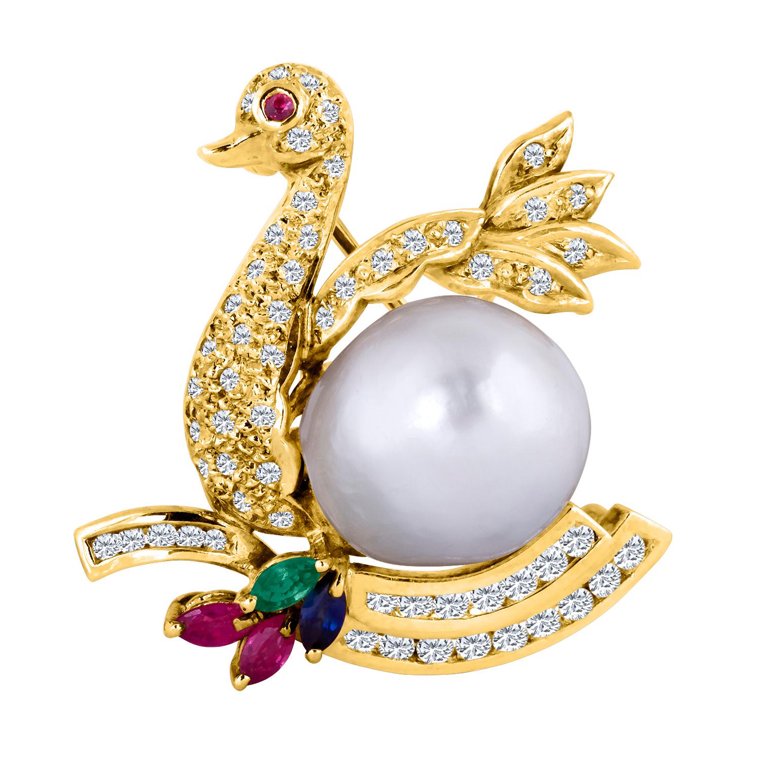 18 Karat Yellow Gold Diamond Swan Brooch with a South Sea Pearl Belly