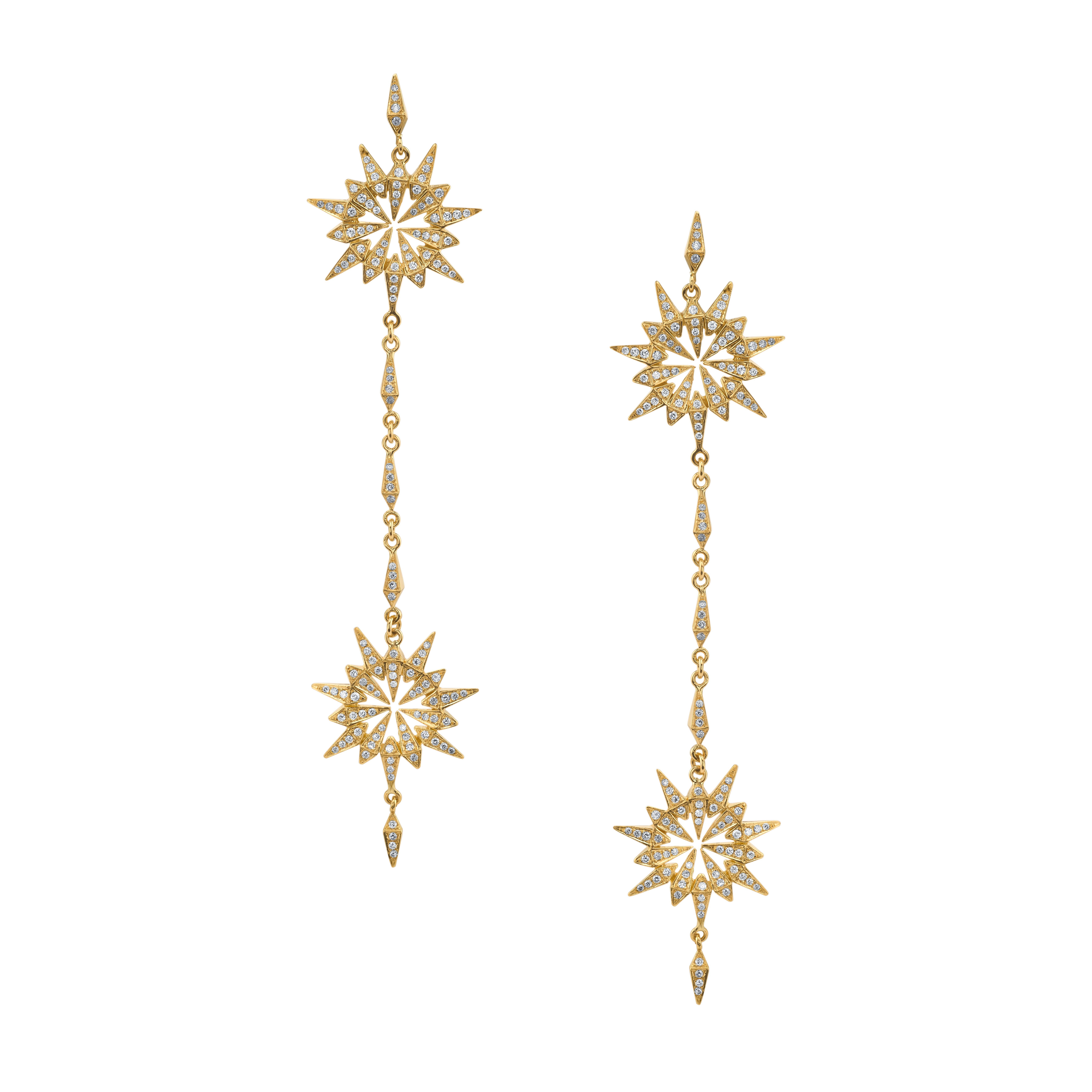 18 Karat Yellow Gold Diamond Sweeping Sunburst Earrings