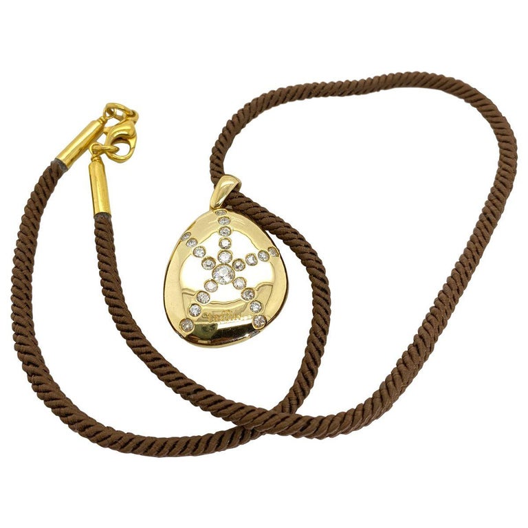 18 Karat Yellow Gold and Diamond Taffin Pebble Pendant and Cord at