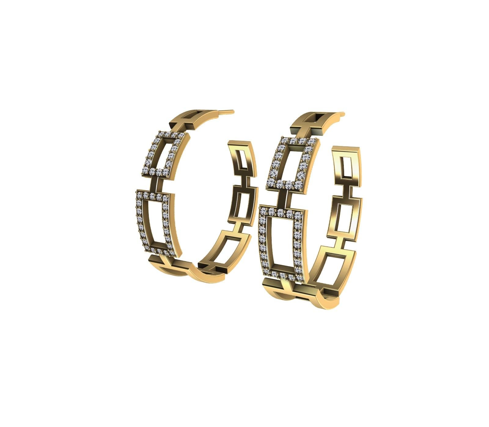 Round Cut 18 Karat Yellow Gold Diamond Tapered Rectangle Hoops For Sale
