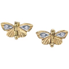 18 Karat Yellow Gold Diamond Tiny Asterope Hinge Butterfly Earrings 