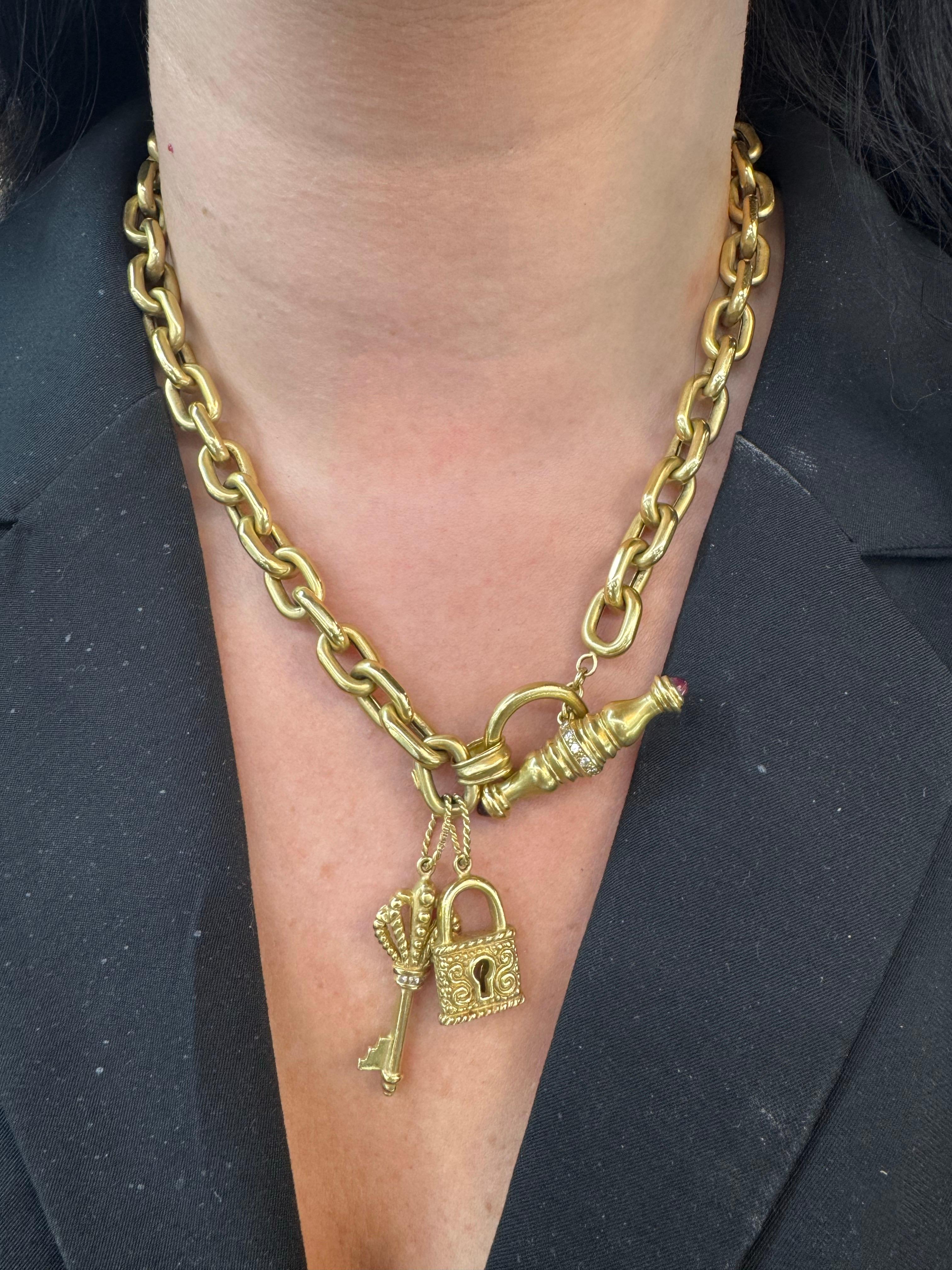 18 Karat Yellow Gold Diamond Toggle Necklace with Key and Lock Charms 79.4 Grams For Sale 1