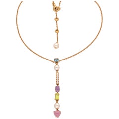 18 Karat Yellow Gold Diamond Tourmalines Pearls Allegra Bulgari Necklace