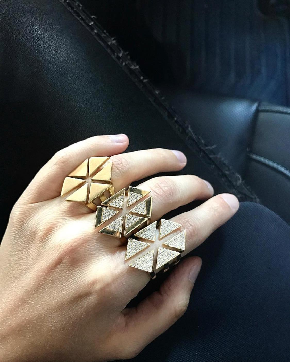 18k Yellow Gold Diamond Triangle Geometric Ring features a floating triangle pattern with a white diamond center and solid gold triple bar band
18k brushed Yellow Gold finish
From Karma El Khalil's Classics Collection 
Style with Karma El Khalil's