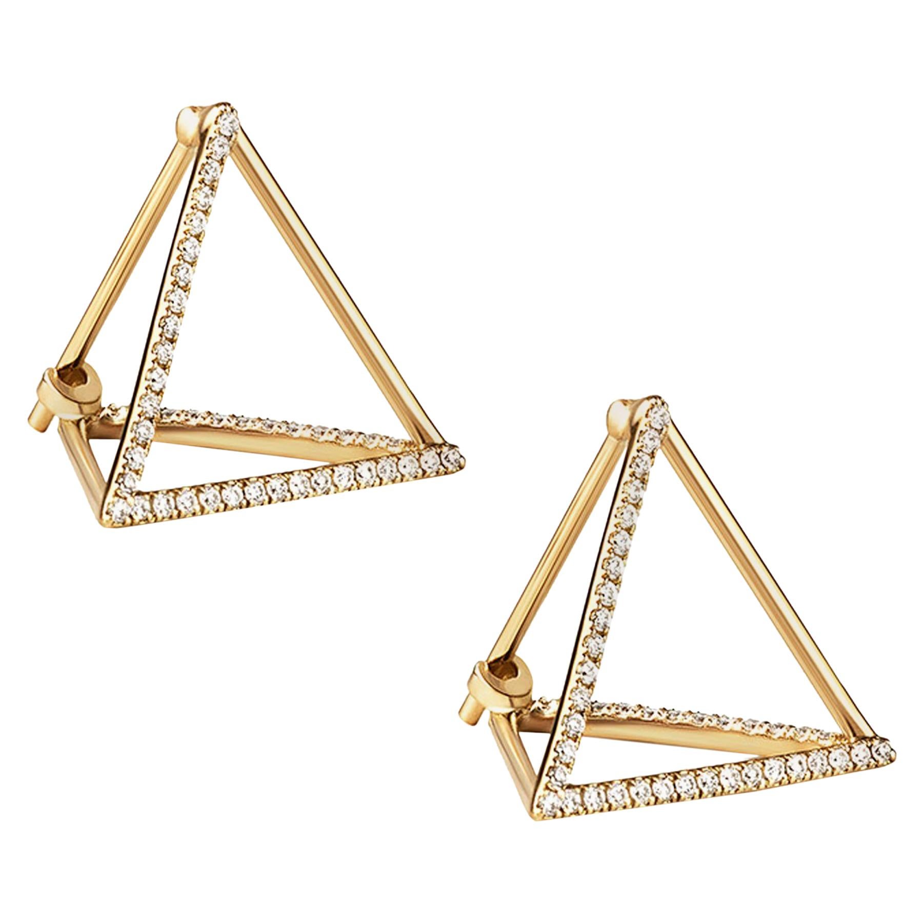 18 Karat Yellow Gold Diamond Triangle Pair Earrings For Sale