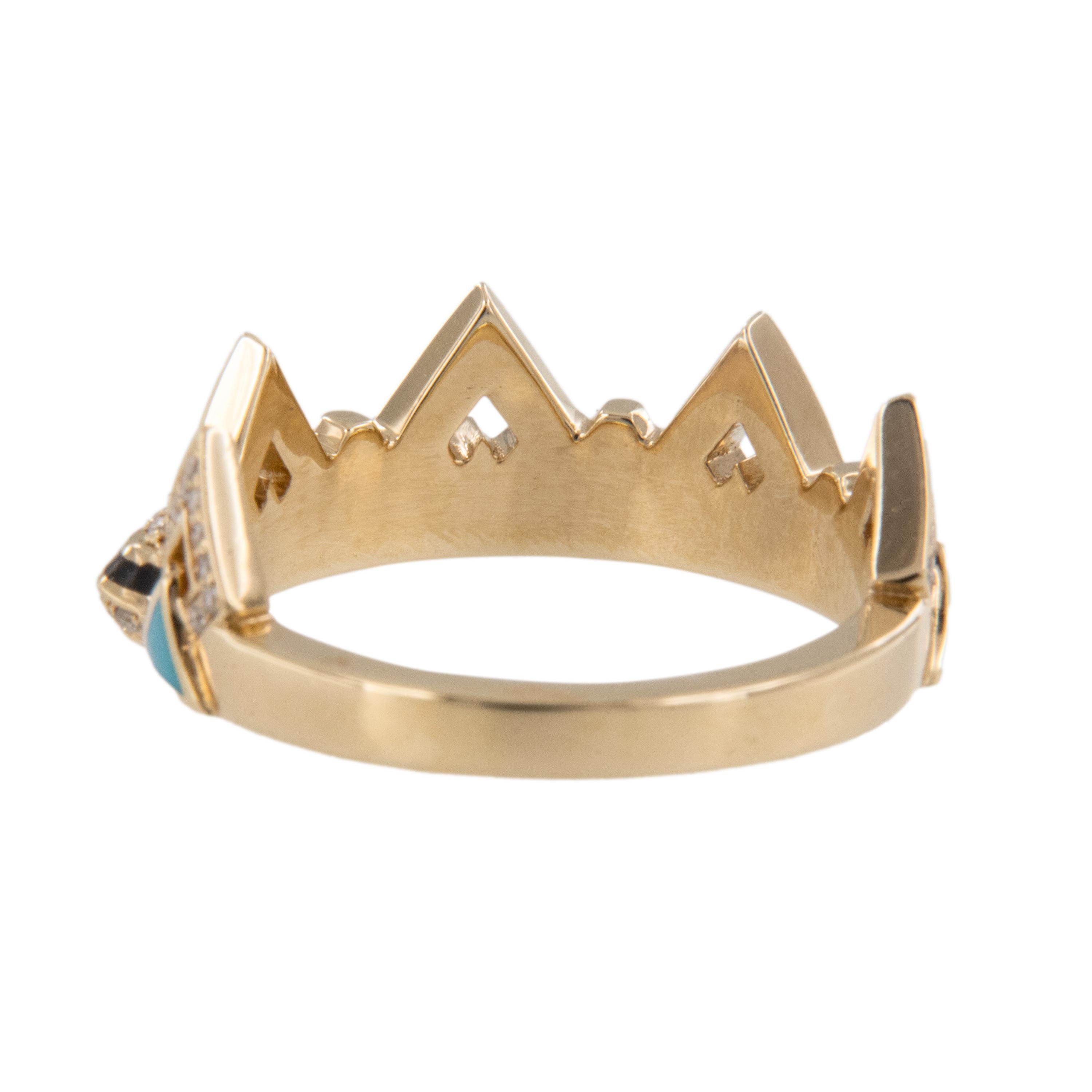 Taille ronde Bague mosaïque en or jaune 18 carats diamant turquoise en c�éramique par Al Zain en vente