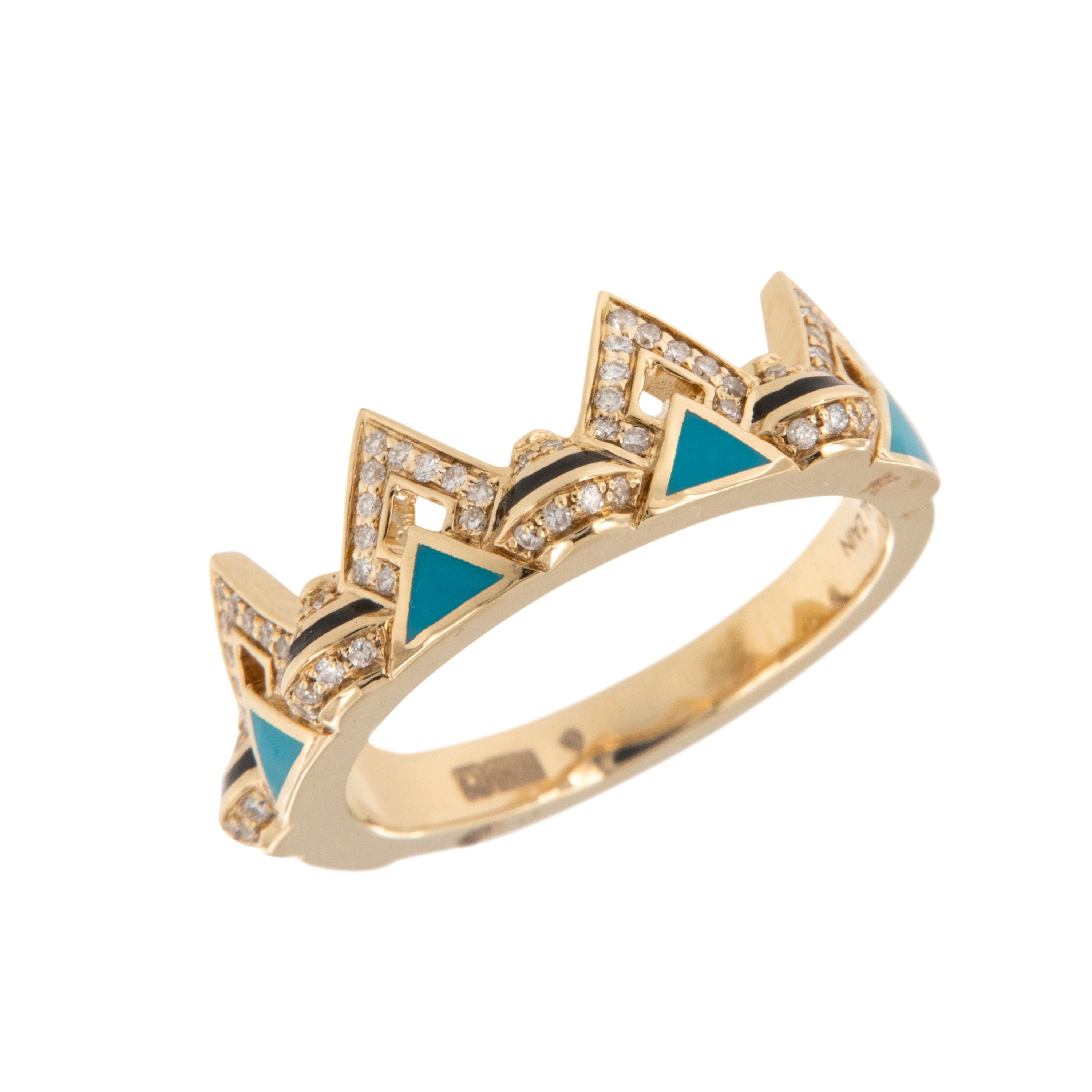 Bague mosaïque en or jaune 18 carats diamant turquoise en céramique par Al Zain Neuf - En vente à Troy, MI