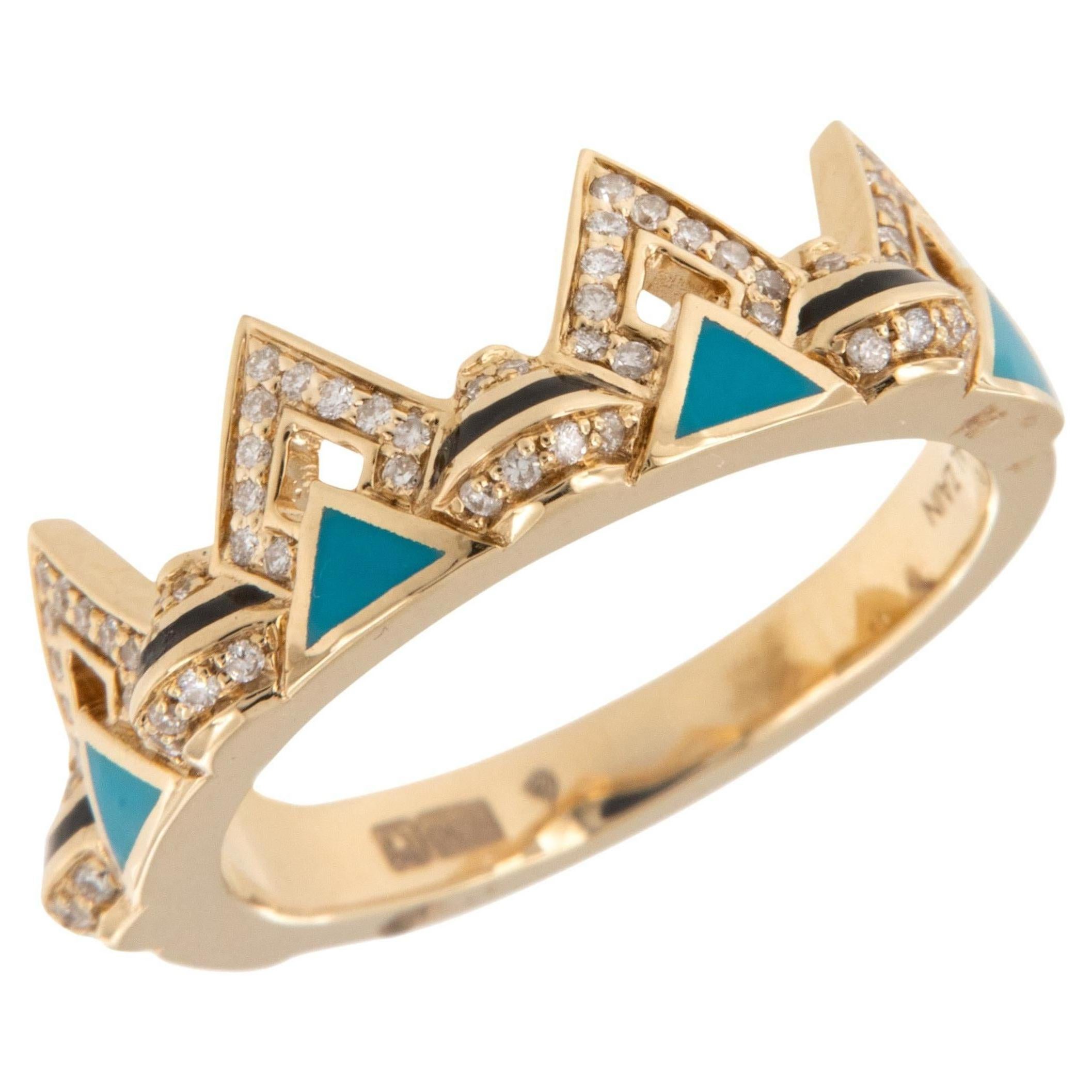 Bague mosaïque en or jaune 18 carats diamant turquoise en céramique par Al Zain en vente