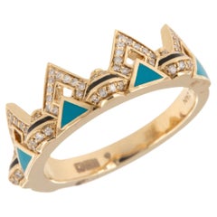 Anello a mosaico in ceramica con diamante e turchese in oro giallo 18 carati di Al Zain