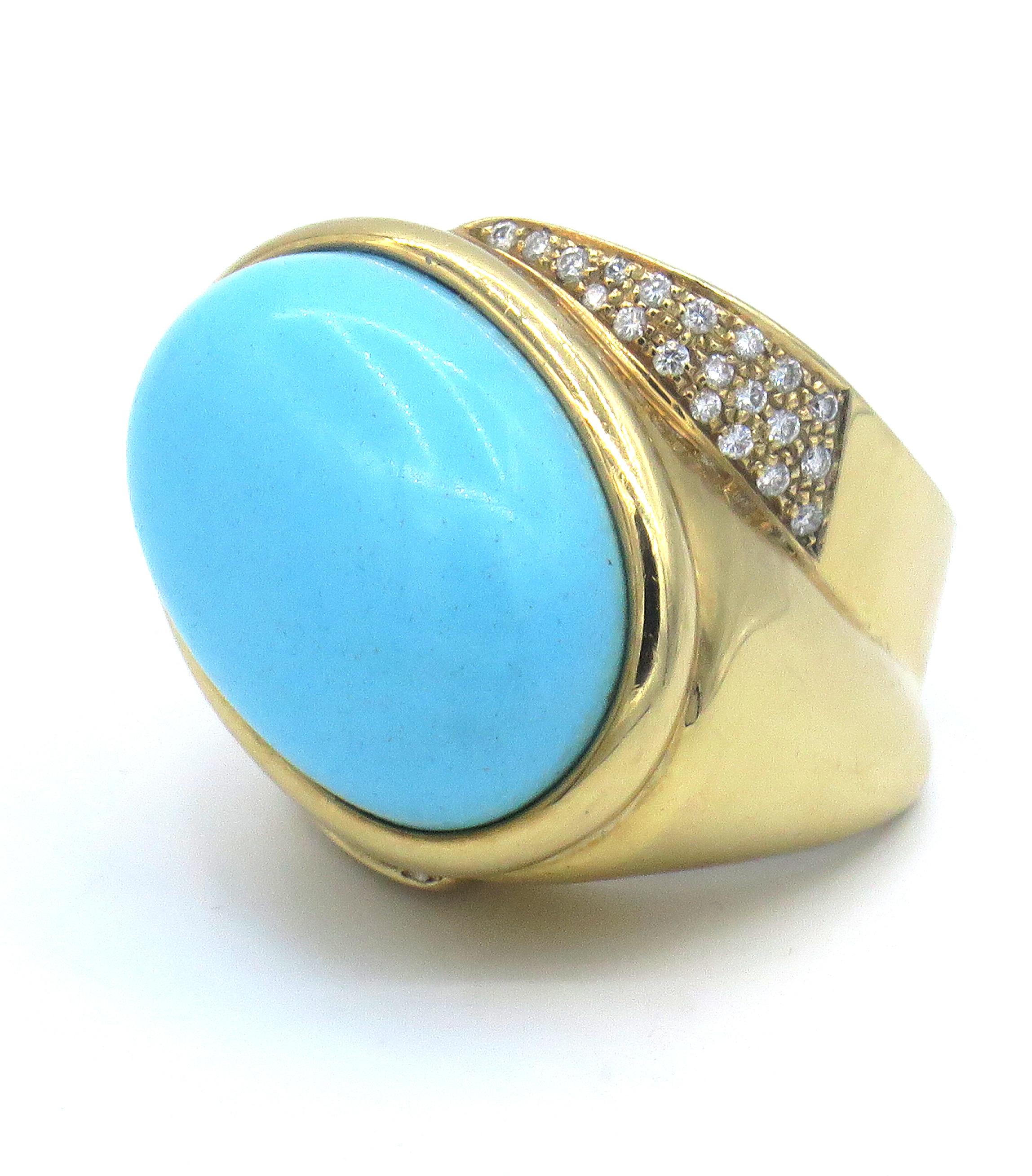 18 Karat Yellow Gold Diamond Turquoise Ring