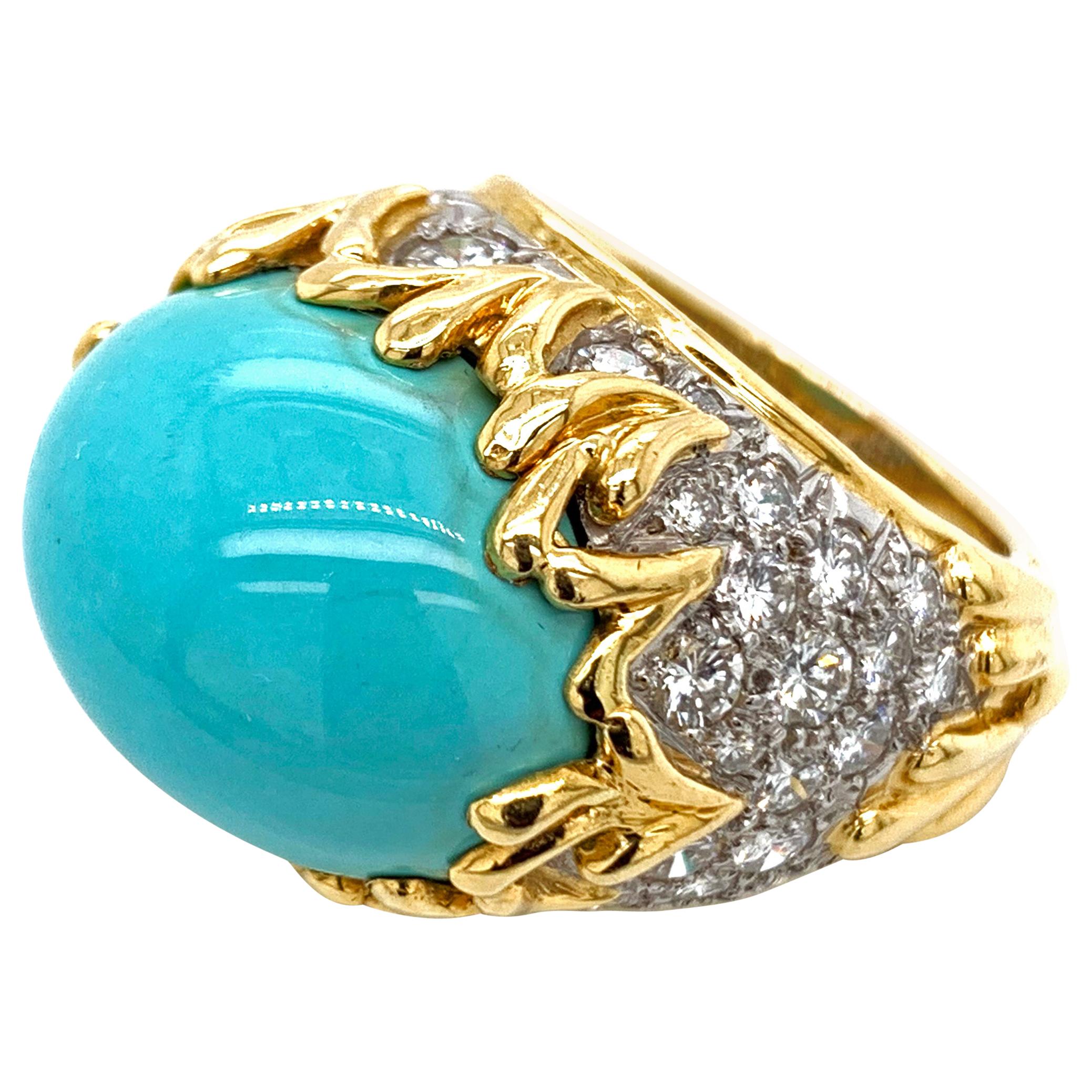 18 Karat Yellow Gold Diamond Turquoise Ring For Sale