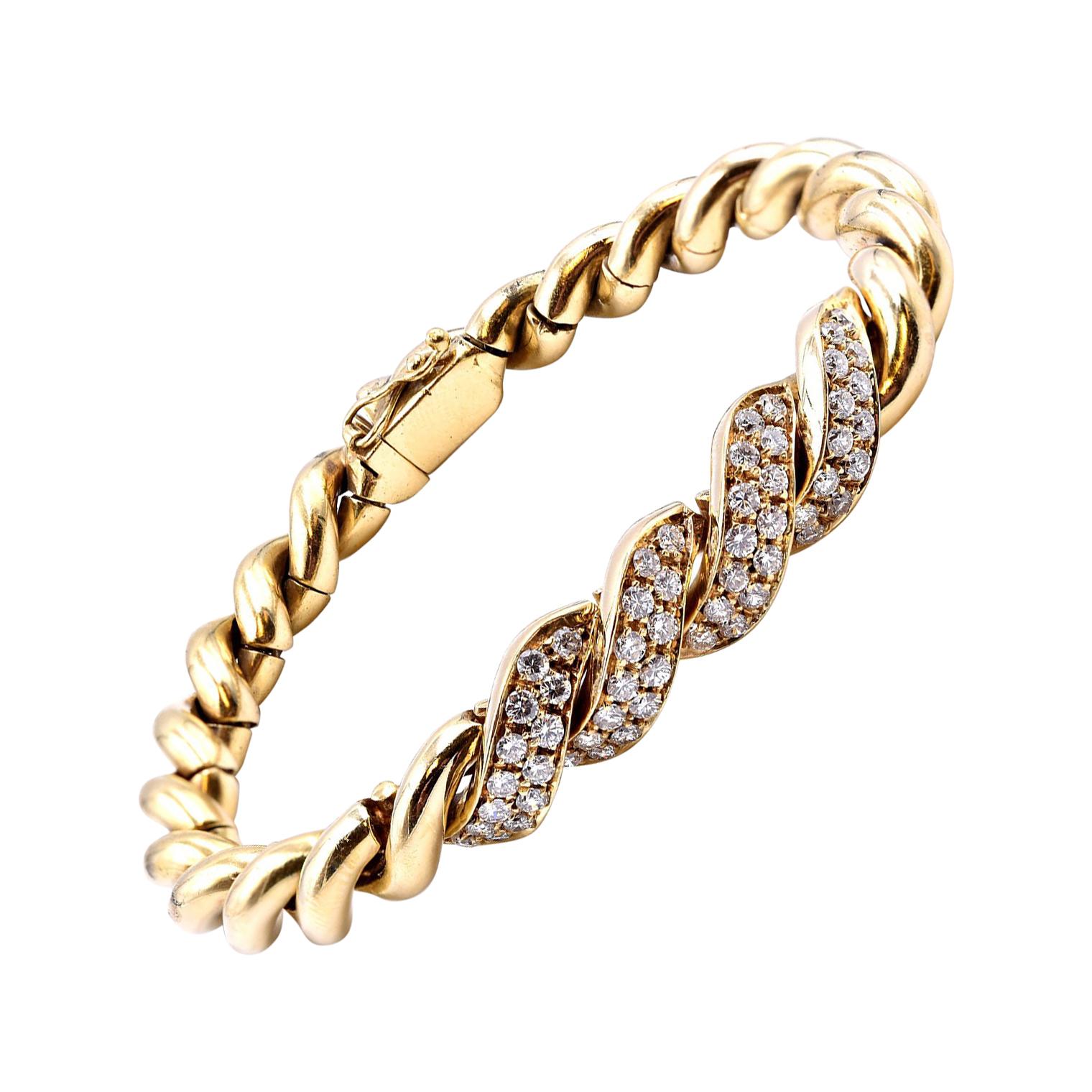 18 Karat Yellow Gold Diamond Twisted Bracelet For Sale