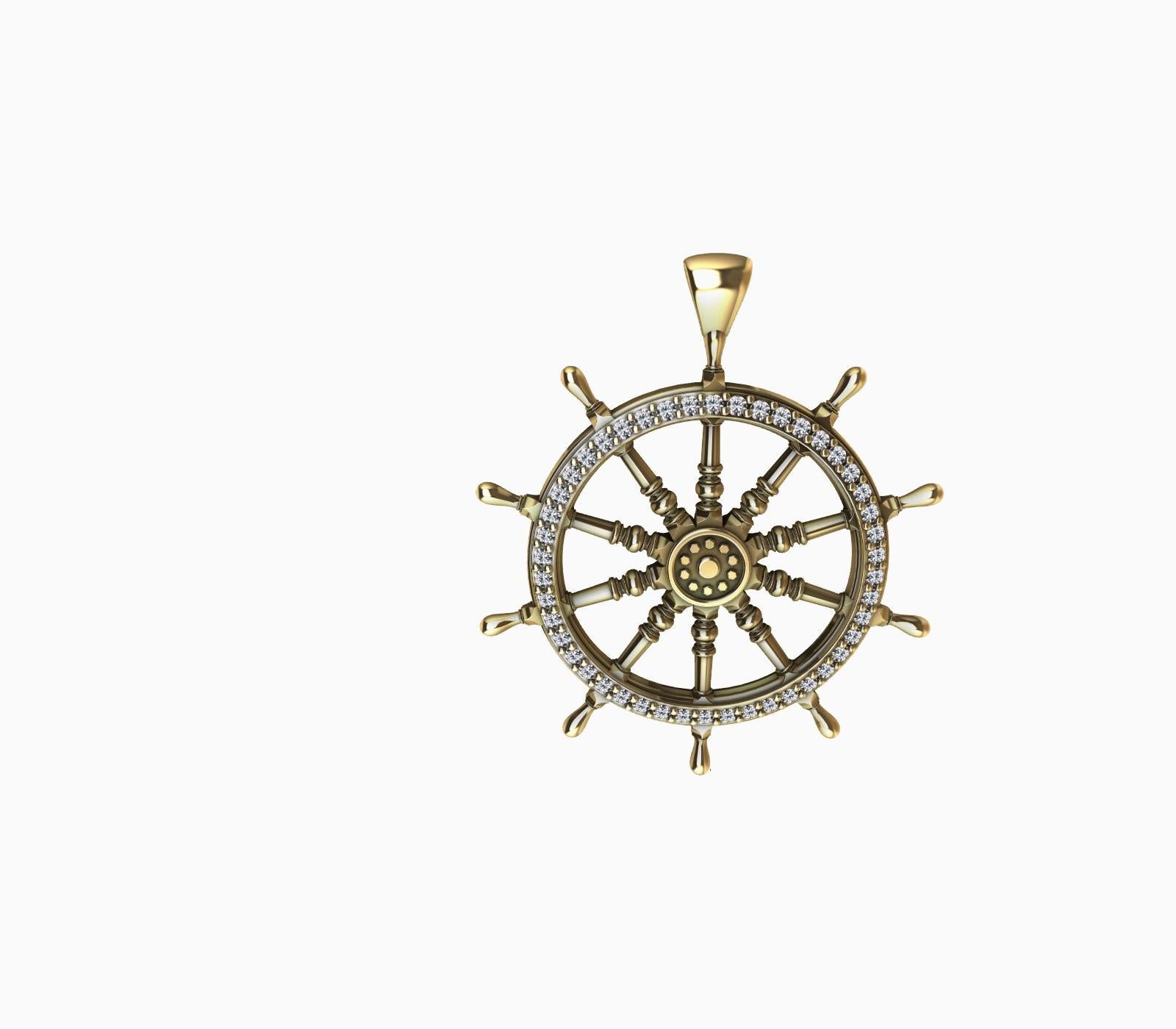 Contemporary 18 Karat Yellow Gold Diamond Women's Captain Sailors Wheel Pendant For Sale