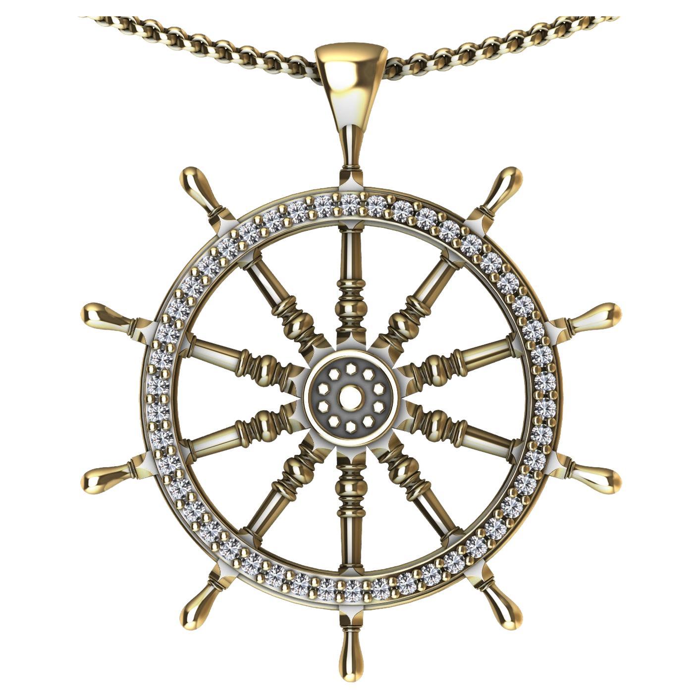 18 Karat Yellow Gold Diamond Women's Captain Sailors Wheel Pendant For Sale