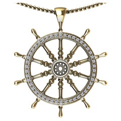 18 Karat Yellow Gold Diamond Women's Captain Sailors Wheel Pendant