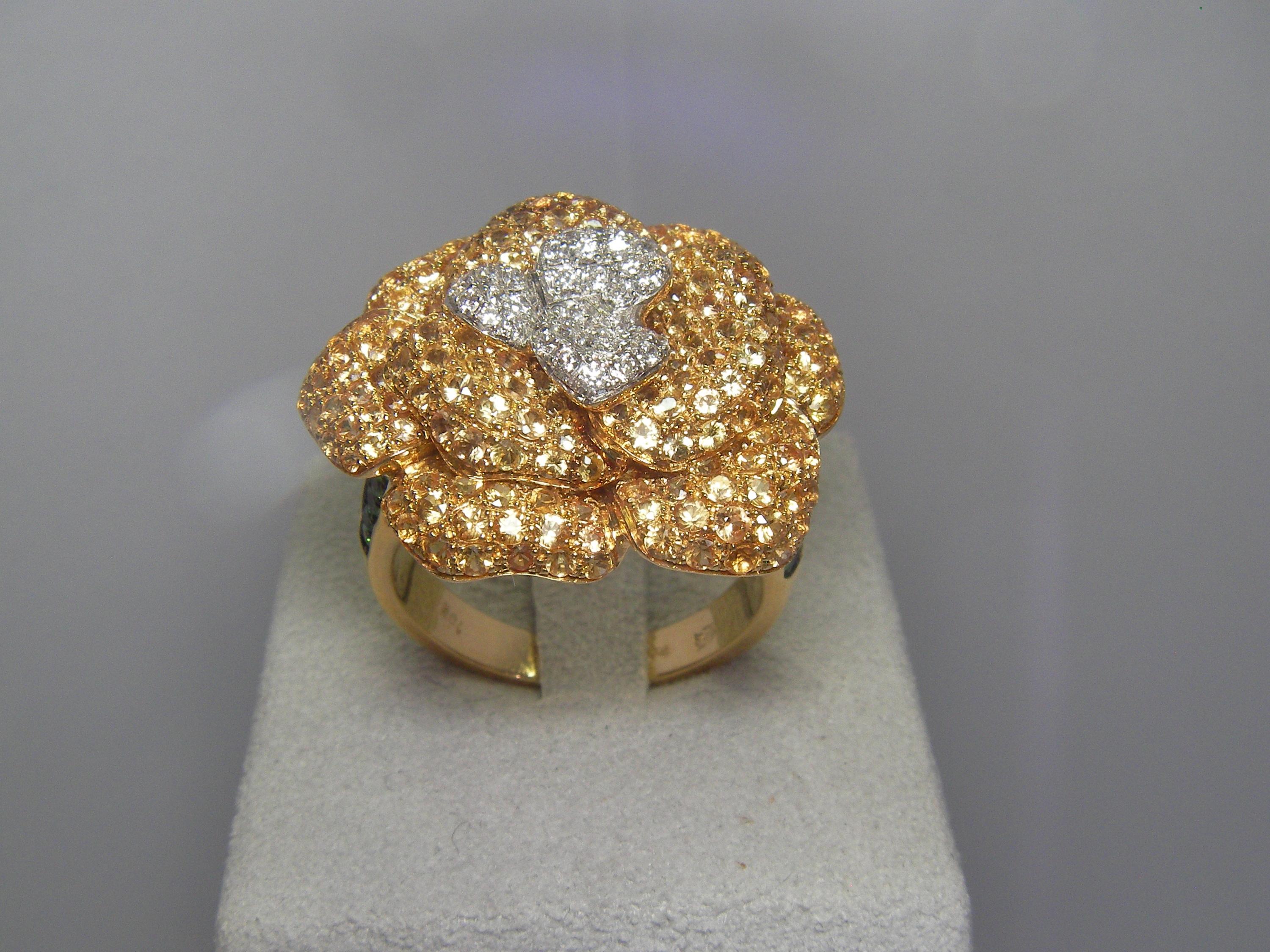 Mixed Cut 18 Karat Yellow Gold Diamond, Yellow Sapphire and Tsavorite Flower Ring