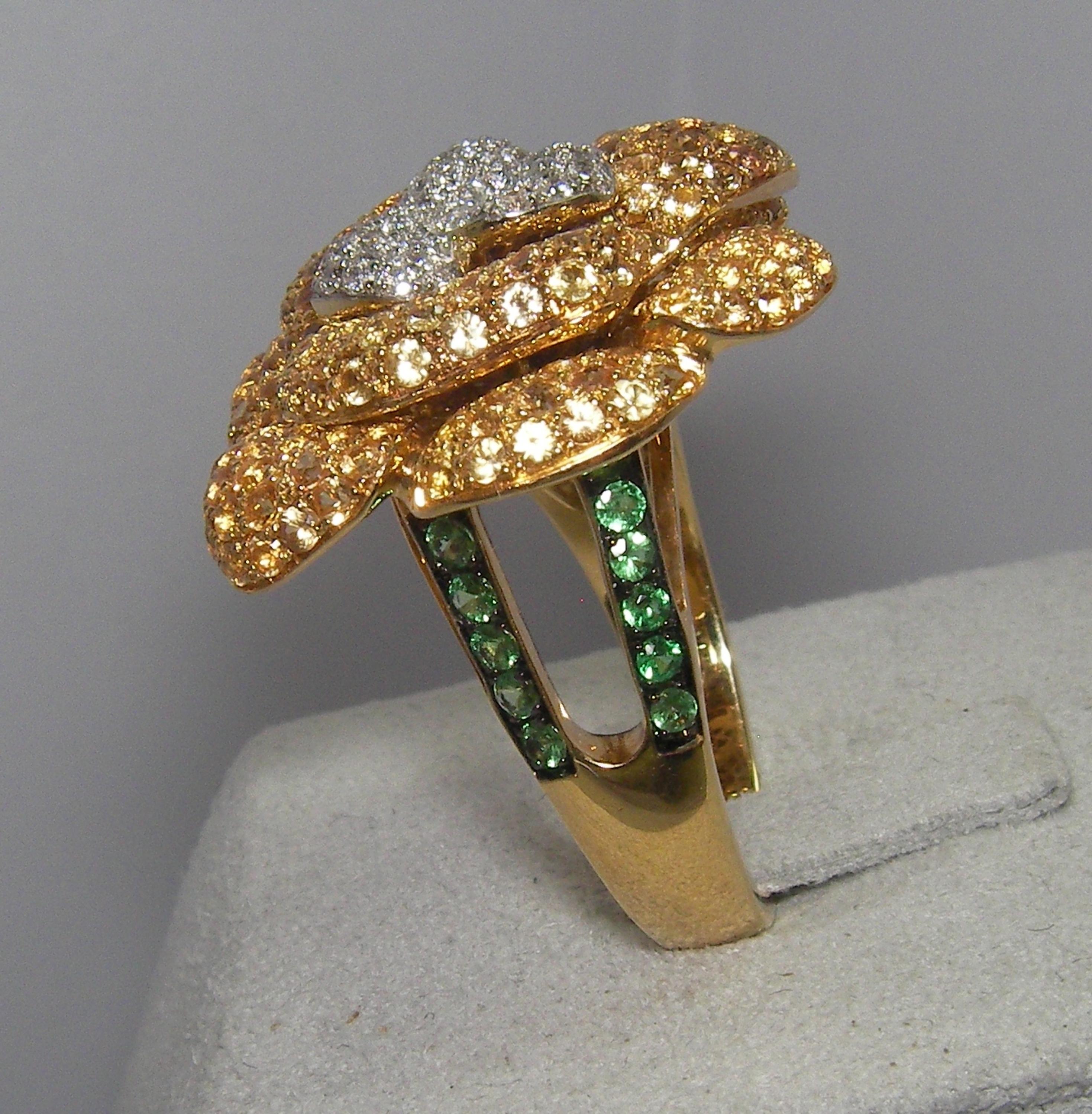 Women's or Men's 18 Karat Yellow Gold Diamond, Yellow Sapphire and Tsavorite Flower Ring