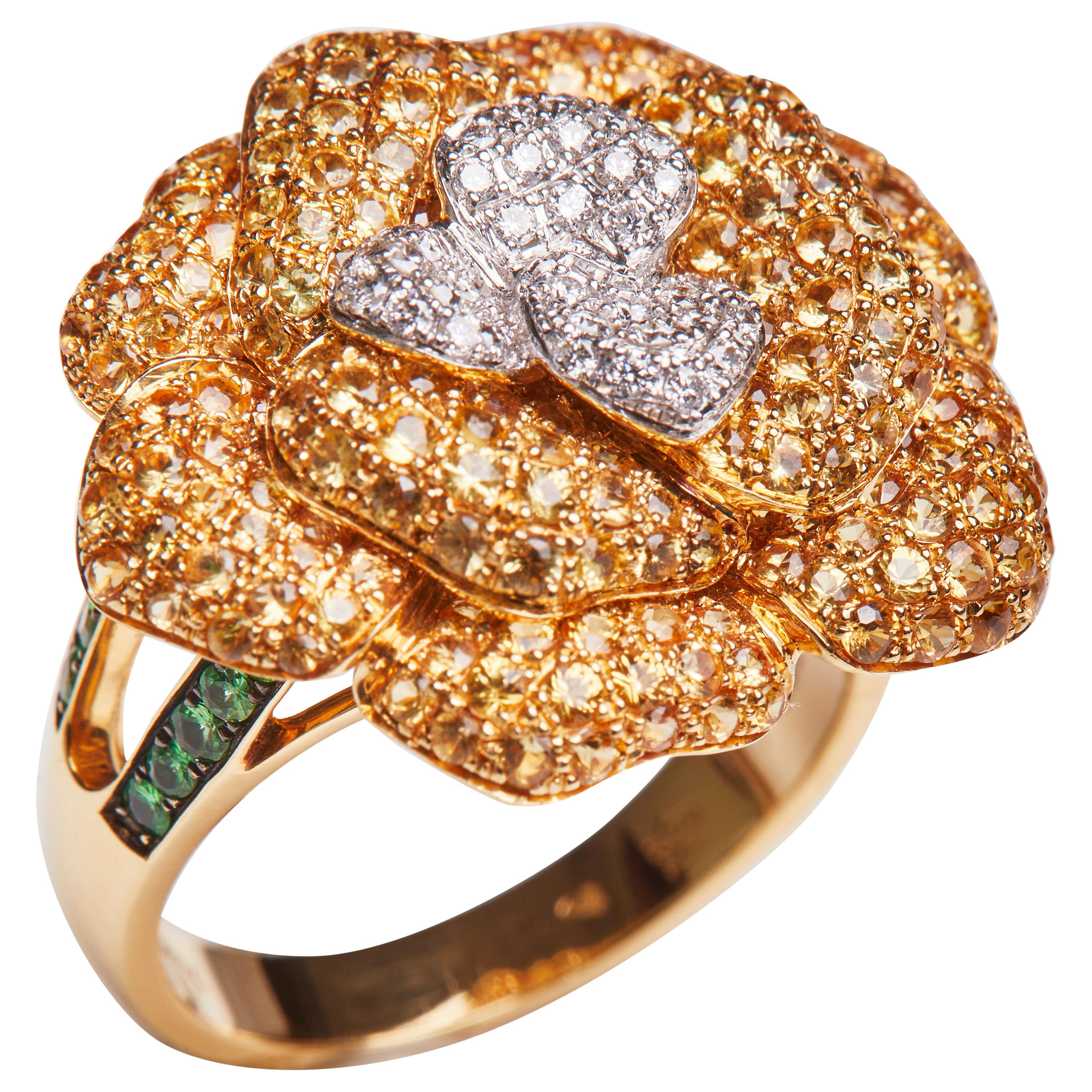 18 Karat Yellow Gold Diamond, Yellow Sapphire and Tsavorite Flower Ring