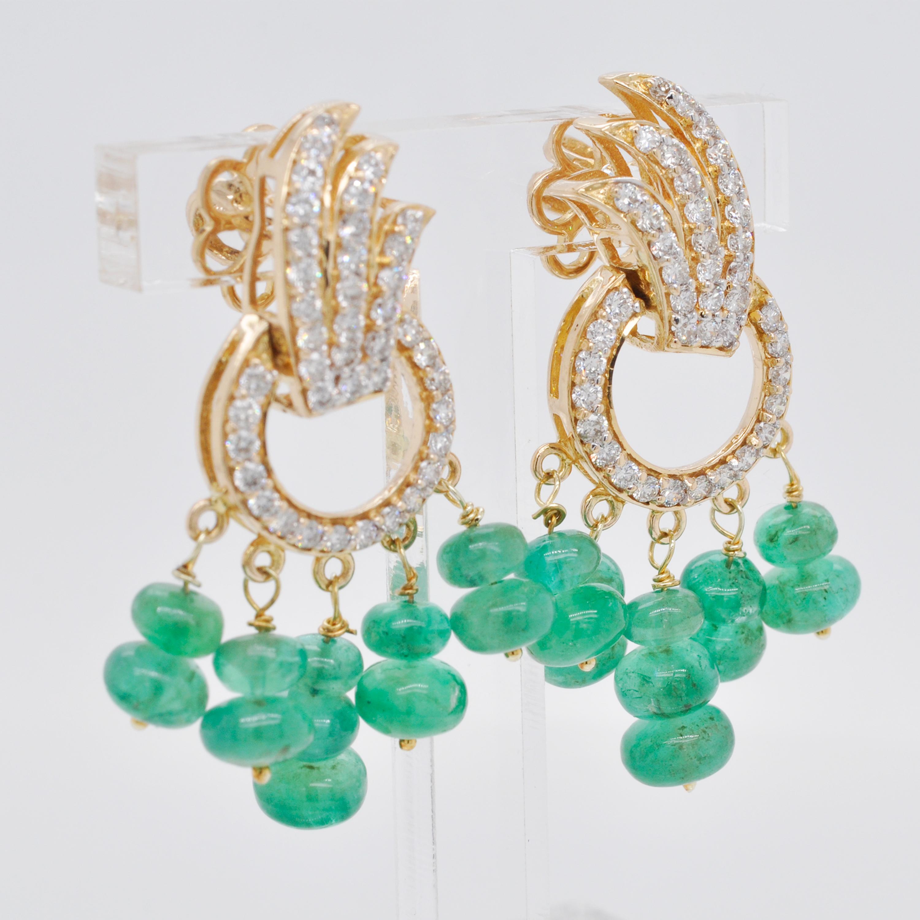 Women's 18 Karat Yellow Gold Diamond Zambian Emerald Beads Dangle Earrings For Sale