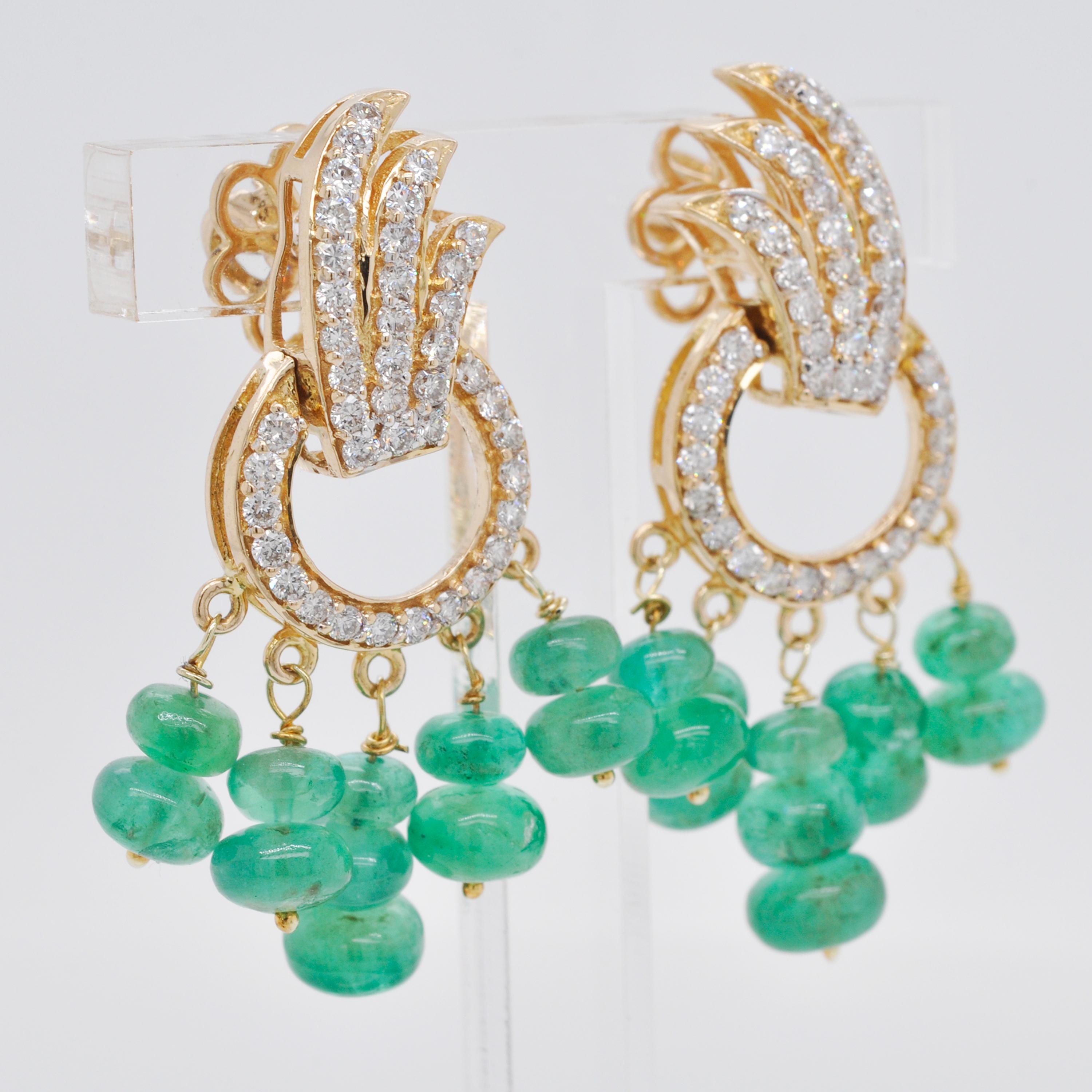 18 Karat Yellow Gold Diamond Zambian Emerald Beads Dangle Earrings For Sale 1