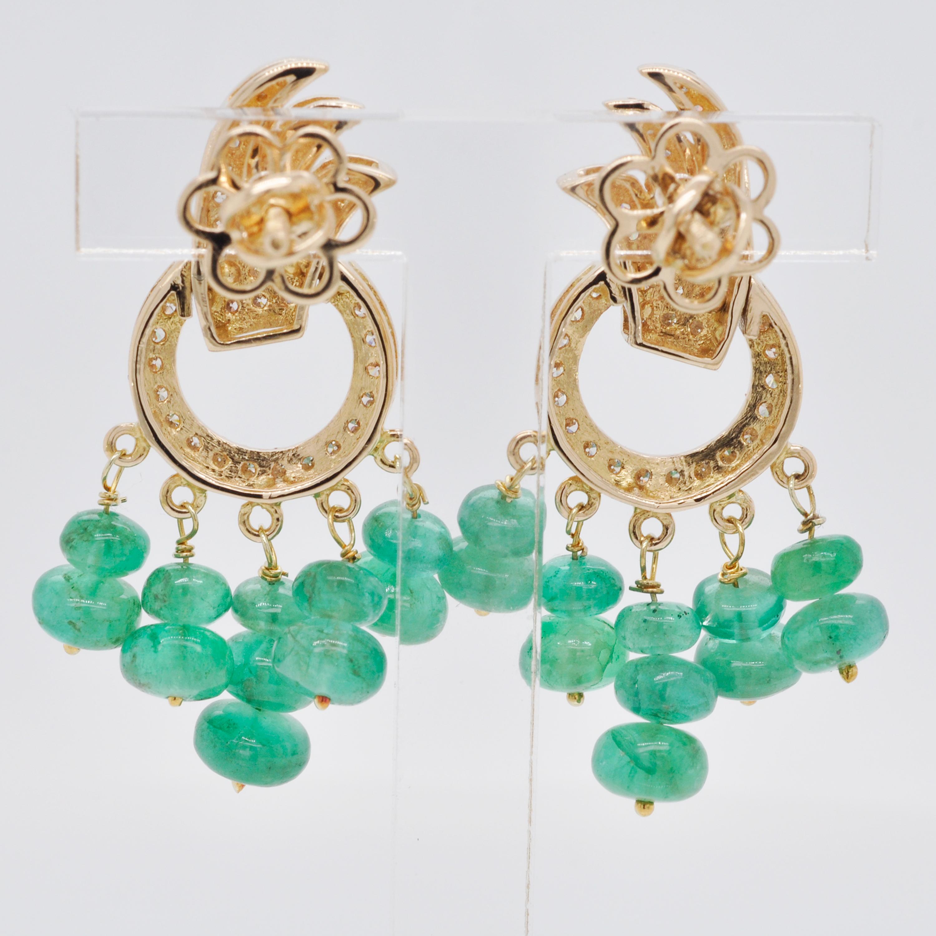 18 Karat Yellow Gold Diamond Zambian Emerald Beads Dangle Earrings For Sale 4