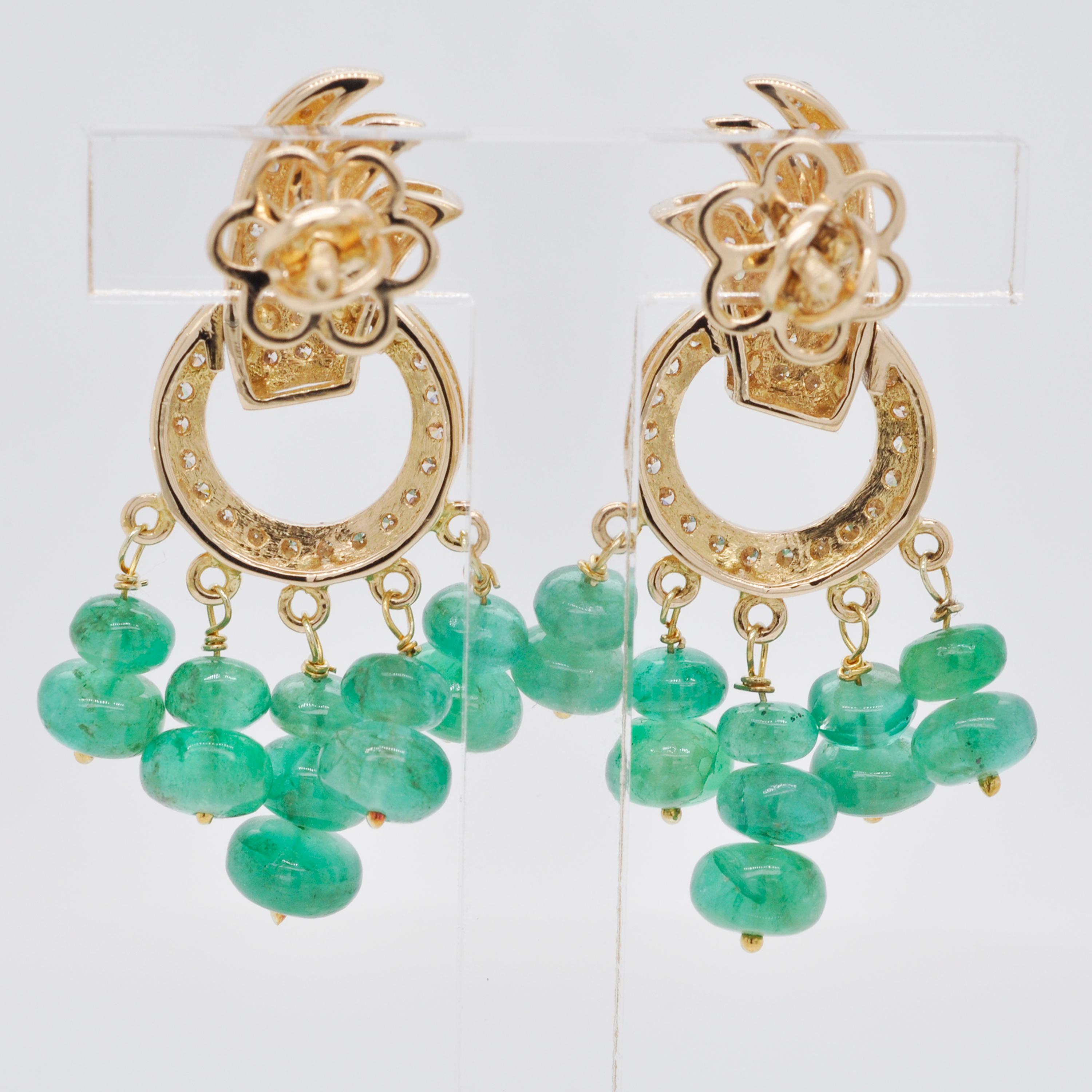 18 Karat Yellow Gold Diamond Zambian Emerald Beads Dangle Earrings For Sale 4