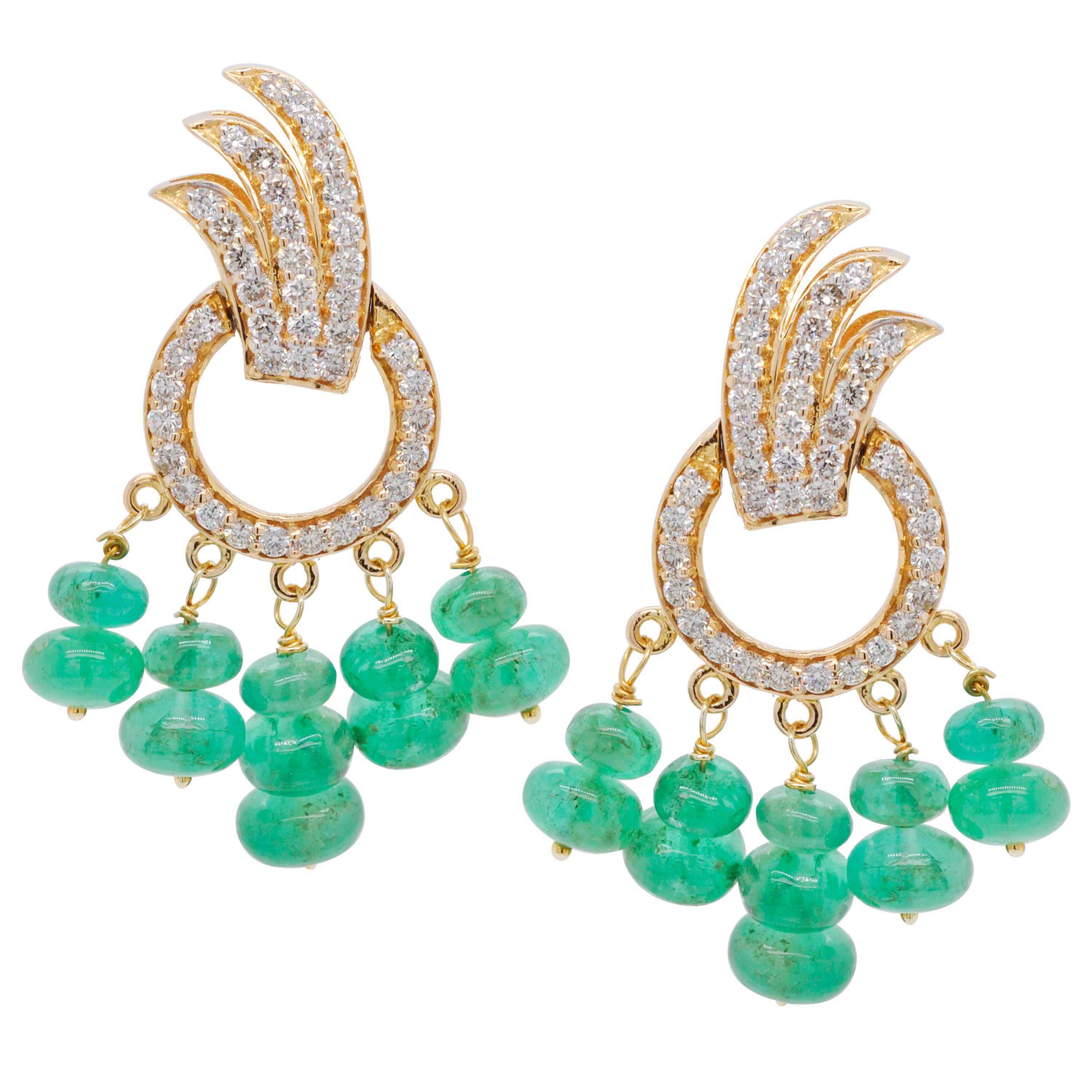 18 Karat Yellow Gold Diamond Zambian Emerald Beads Dangle Earrings For Sale