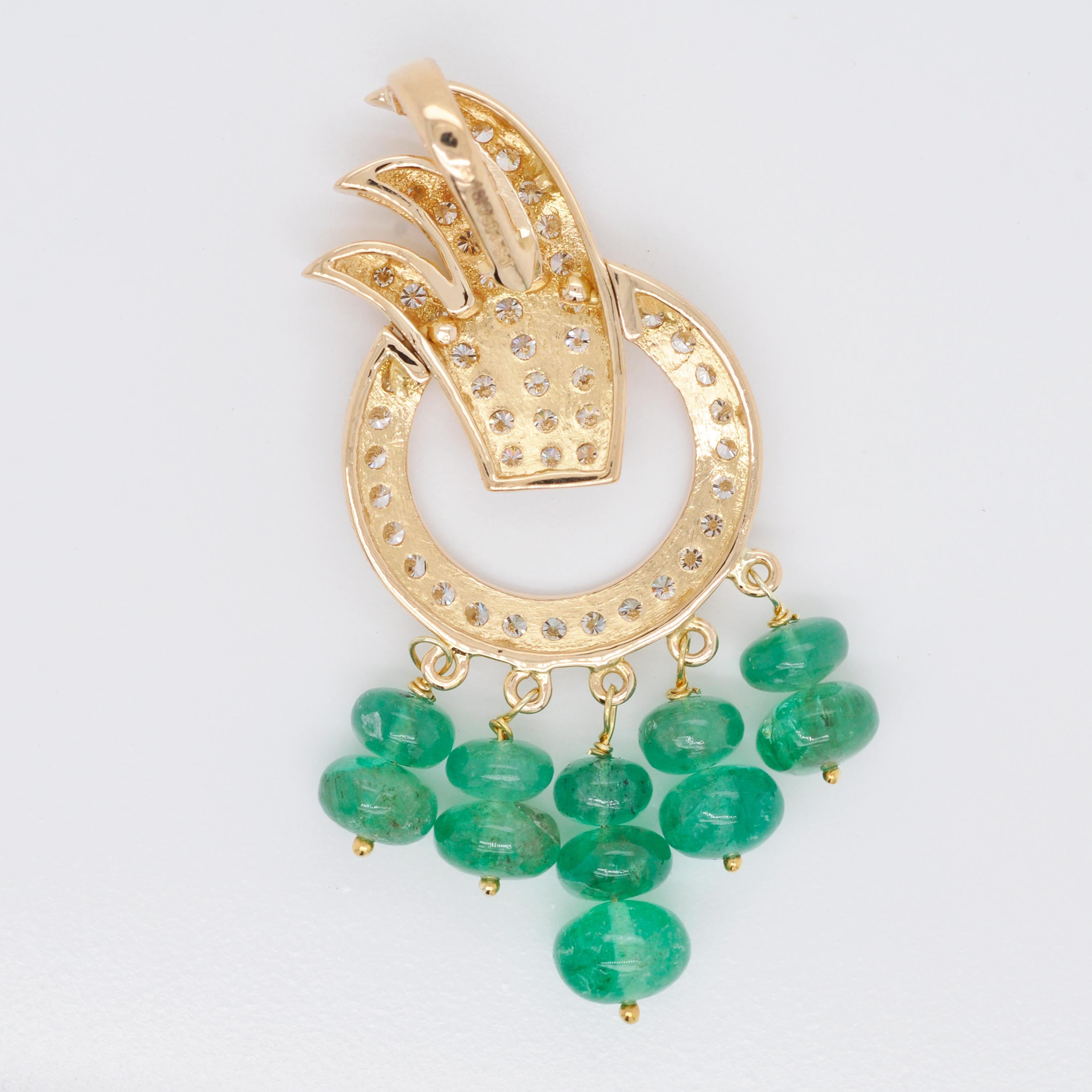 Women's 18 Karat Yellow Gold Diamond Zambian Emerald Beads Pendant Necklace For Sale