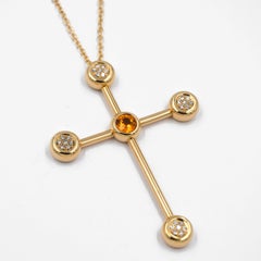 18 Karat Yellow Gold Diamonds and Orange Sapphire Garavelli Cross Long Necklace