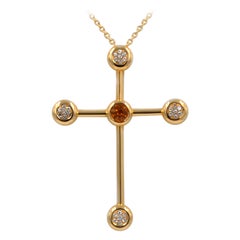 18 Karat Yellow Gold Diamonds and Orange Sapphire Garavelli Cross Long Necklace