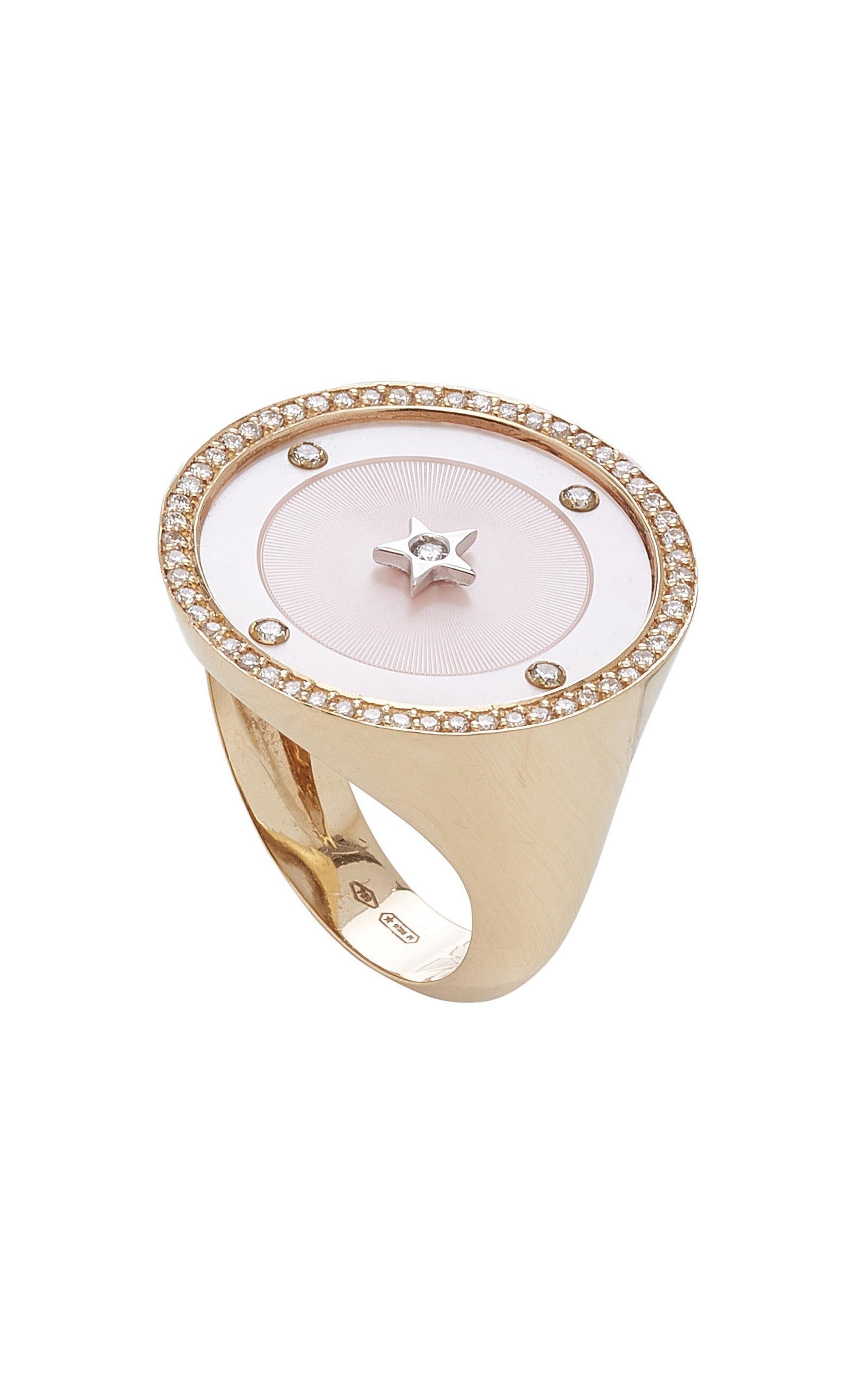 Round Cut 18 Karat Yellow Gold, Diamonds and Pale Pink Mother of Pearl Chevalier Ring For Sale
