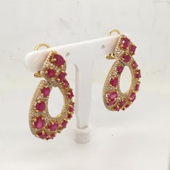 18 Karat Yellow Gold Diamonds and Ruby Pair of Earrings Made in Italy