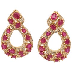 18 Karat Yellow Gold Diamonds and Ruby Pair of Earrings Made in Italy