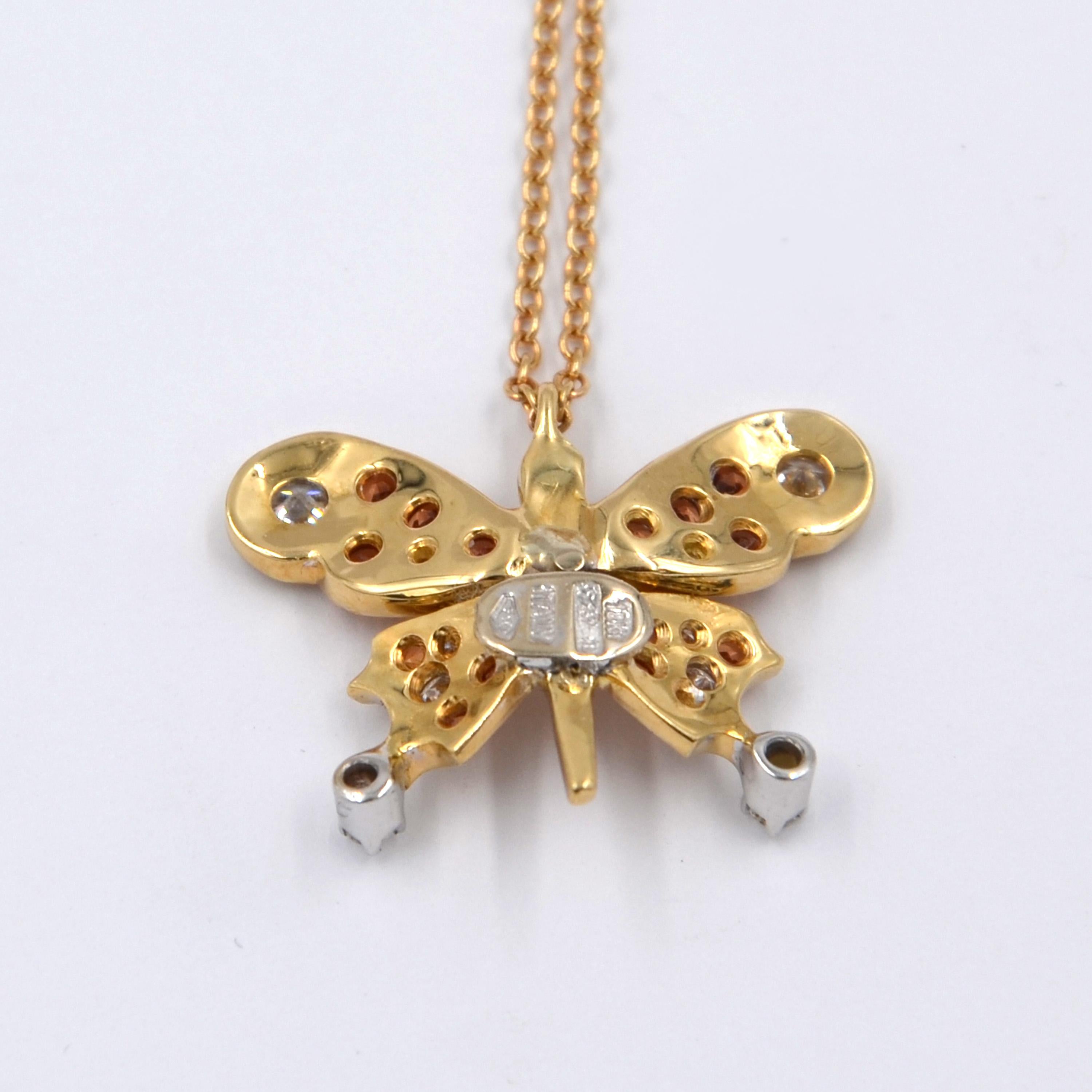 Contemporary 18 Karat Yellow Gold Diamonds and Orange Sapphires Butterfly Garavelli Pendant