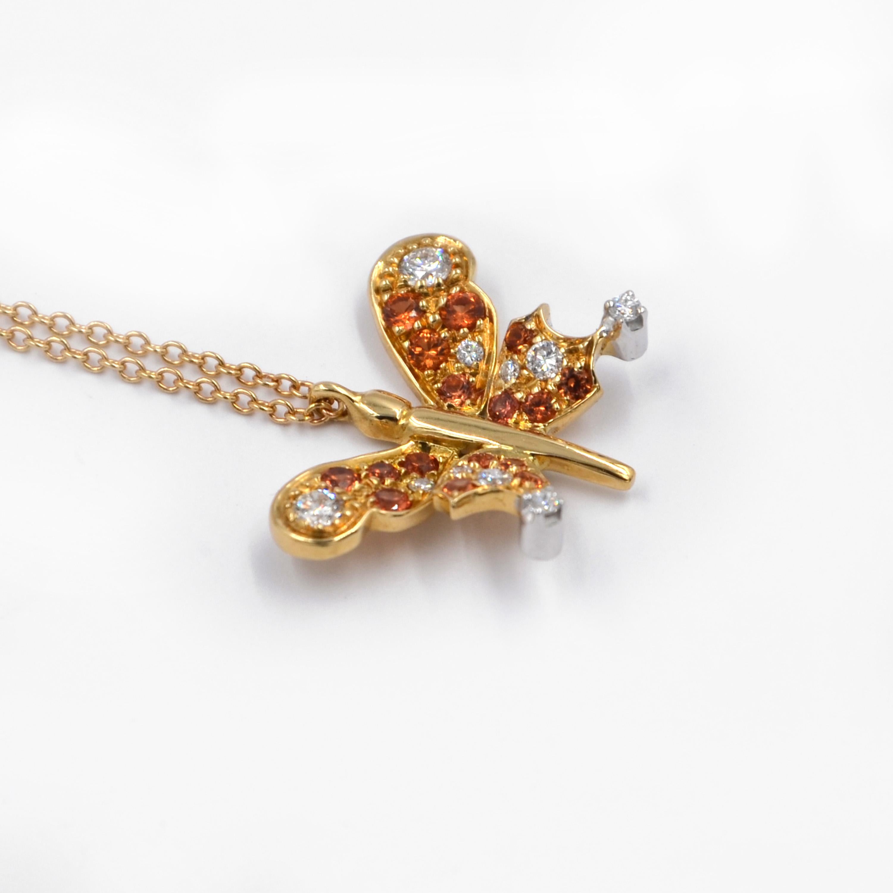 18 Karat Yellow Gold Diamonds and Orange Sapphires Butterfly Garavelli Pendant In New Condition In Valenza, IT