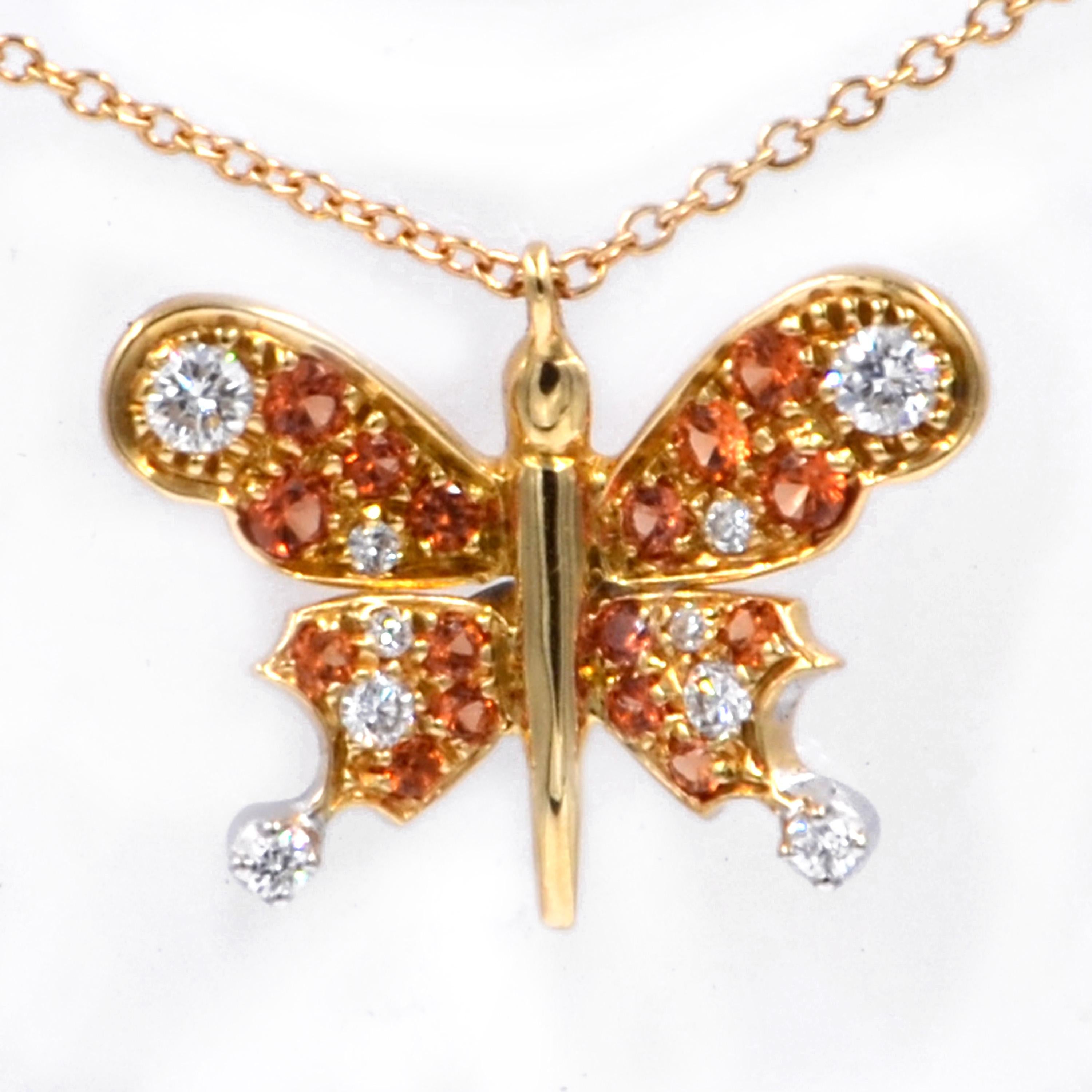 Women's or Men's 18 Karat Yellow Gold Diamonds and Orange Sapphires Butterfly Garavelli Pendant