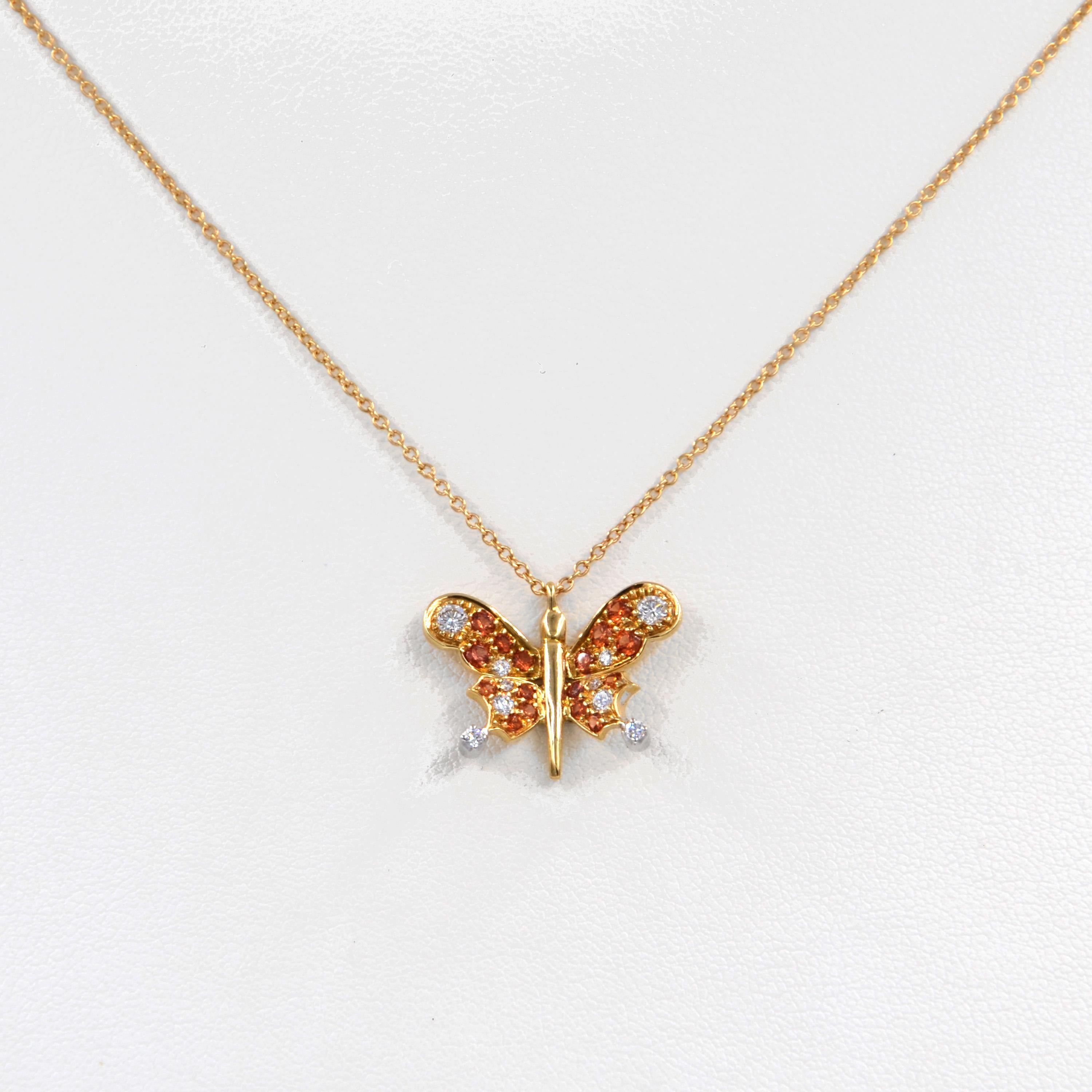 18 Karat Yellow Gold Diamonds and Orange Sapphires Butterfly Garavelli Pendant 1