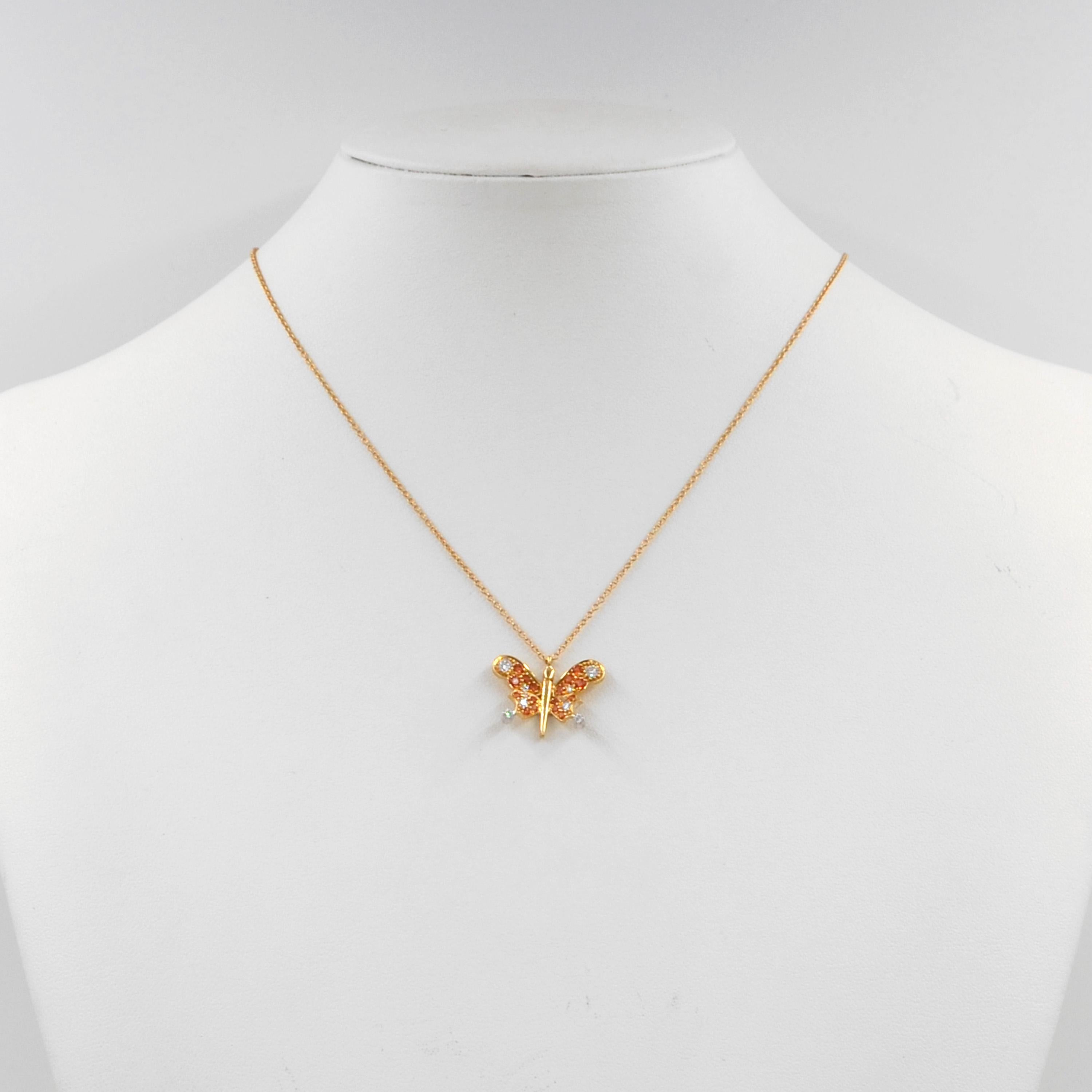 18 Karat Yellow Gold Diamonds and Orange Sapphires Butterfly Garavelli Pendant 2