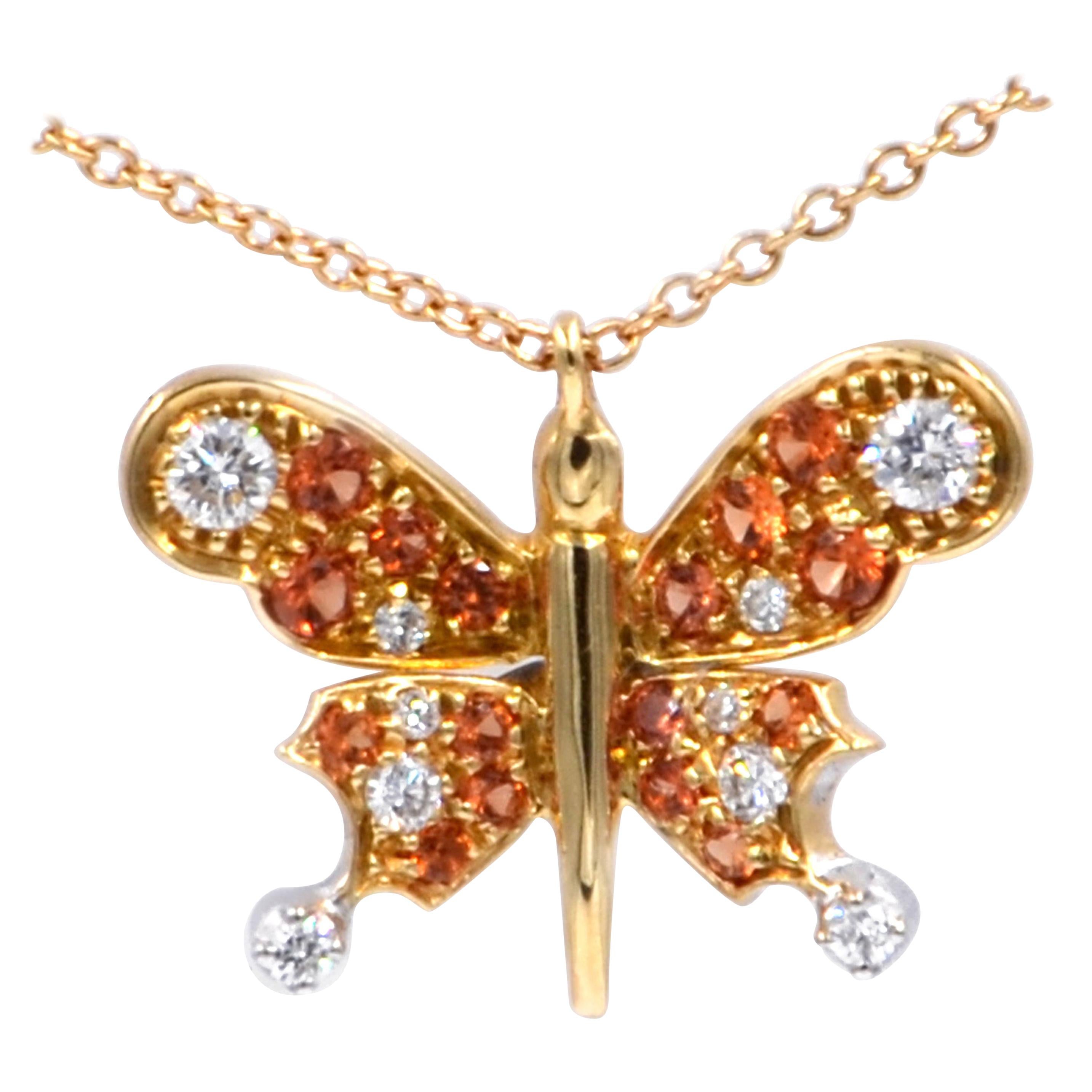 18 Karat Yellow Gold Diamonds and Orange Sapphires Butterfly Garavelli Pendant