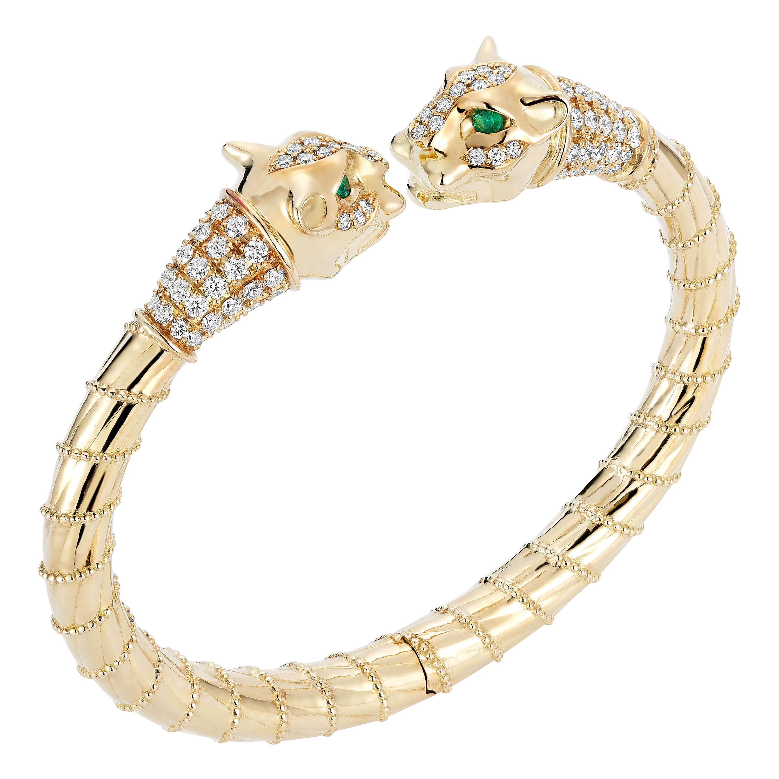 18 Karat Yellow Gold Diamonds Emeralds Spring Cuff Bracelet Lioness Ancient For Sale