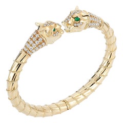 18 Karat Yellow Gold Diamonds Emeralds Spring Cuff Bracelet Lioness Ancient