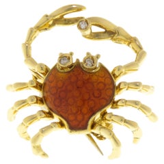 18 Karat Yellow Gold Diamonds Enamel Crab Vintage Brooch Handcrafted in Italy