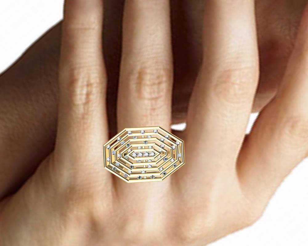 For Sale:  18 Karat Yellow Gold Diamonds Octagonal Sculpture Ring 5