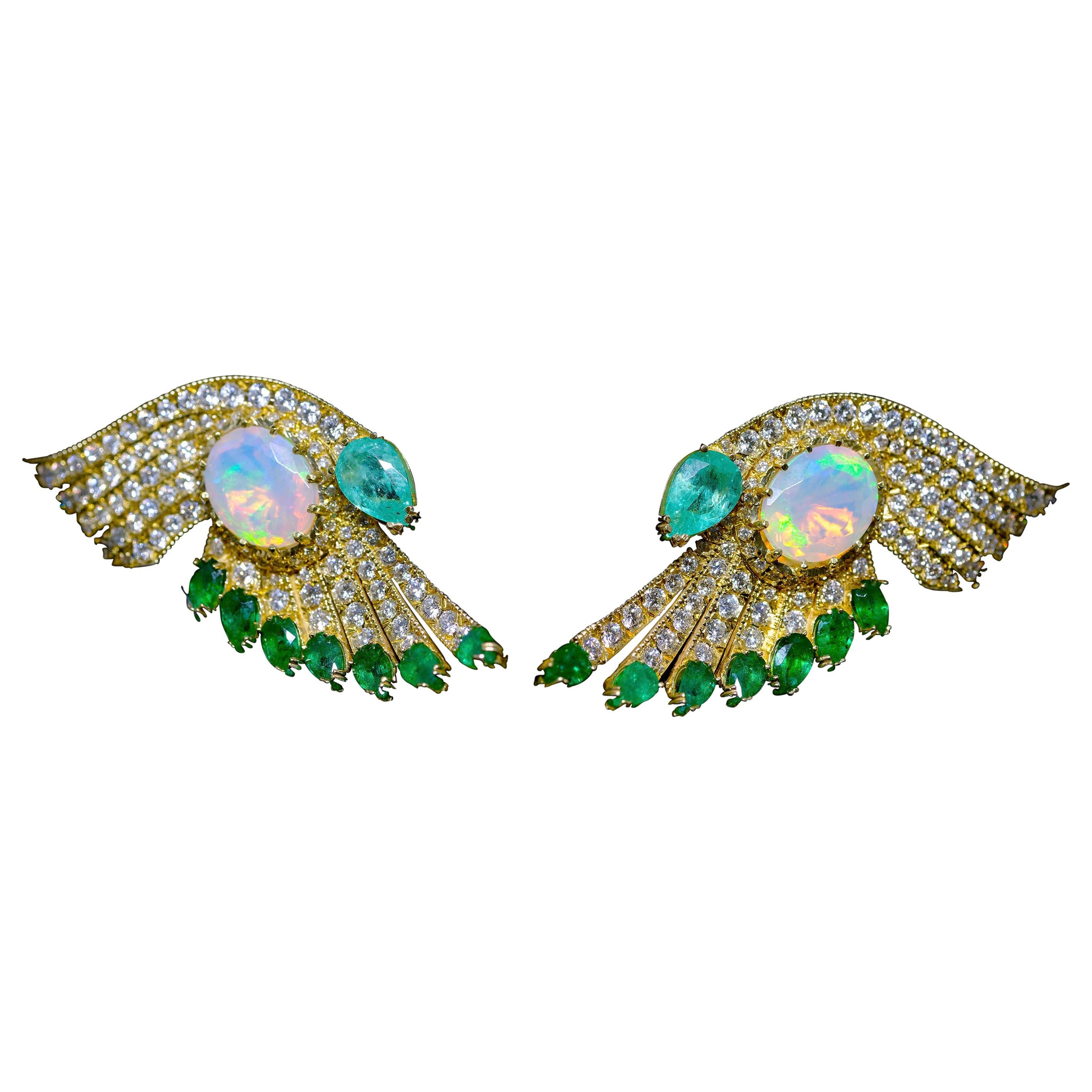 18 Karat Yellow Gold Diamonds Opals Emeralds Drop Earrings For Sale