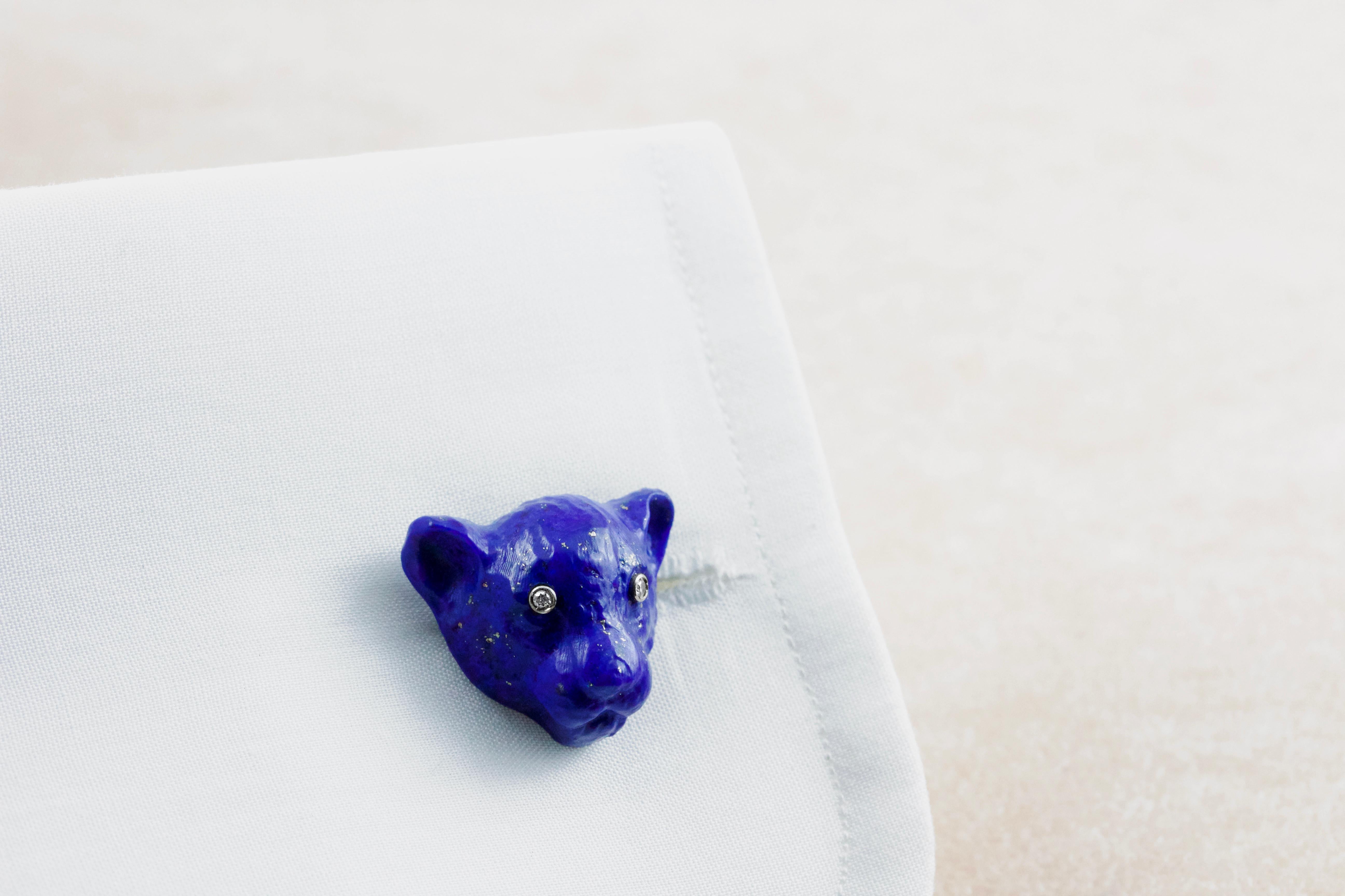 Cufflinks totally made in lapis lazuli, hand carved to shape the muzzle of a panther.
Diamonds on the eyes.
Mounting in 18 karat yellow gold.

All AVGVSTA jewelry is new and has never been previously owned or worn. 
Each item will arrive beautifully