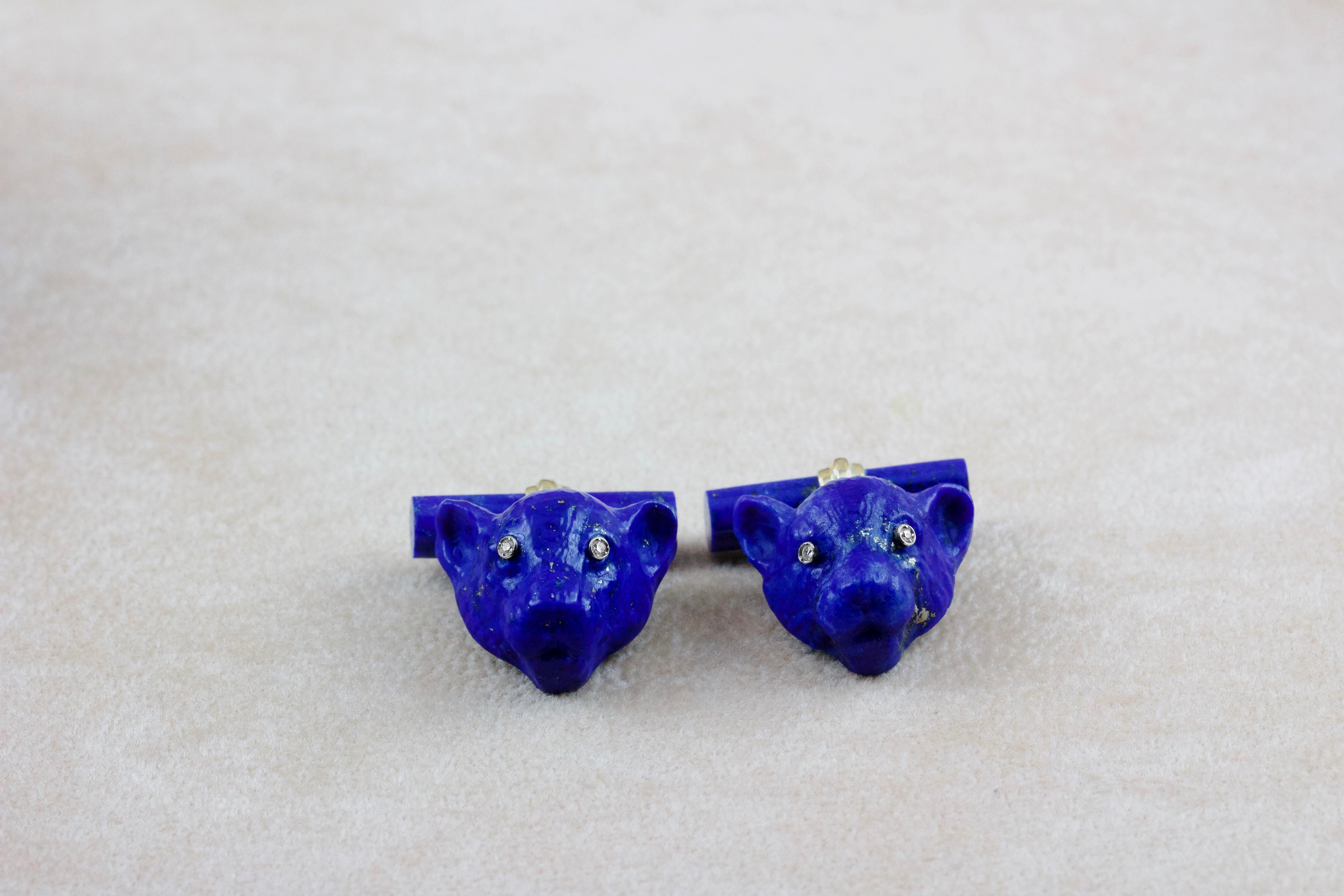 Brilliant Cut 18 Karat Yellow Gold Diamonds Panther Lapis Lazuli Cufflinks For Sale