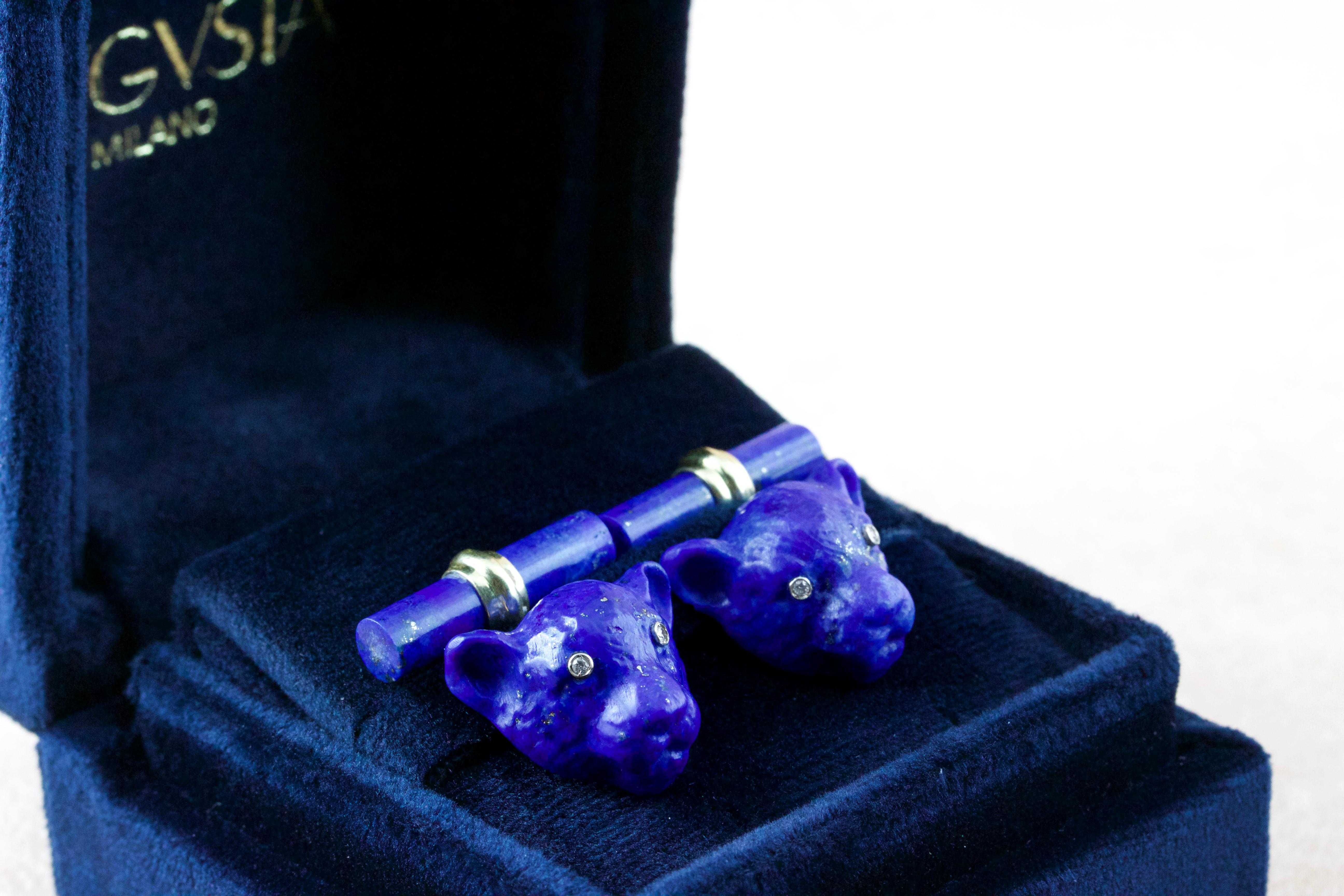 18 Karat Yellow Gold Diamonds Panther Lapis Lazuli Cufflinks In New Condition For Sale In Milano, IT