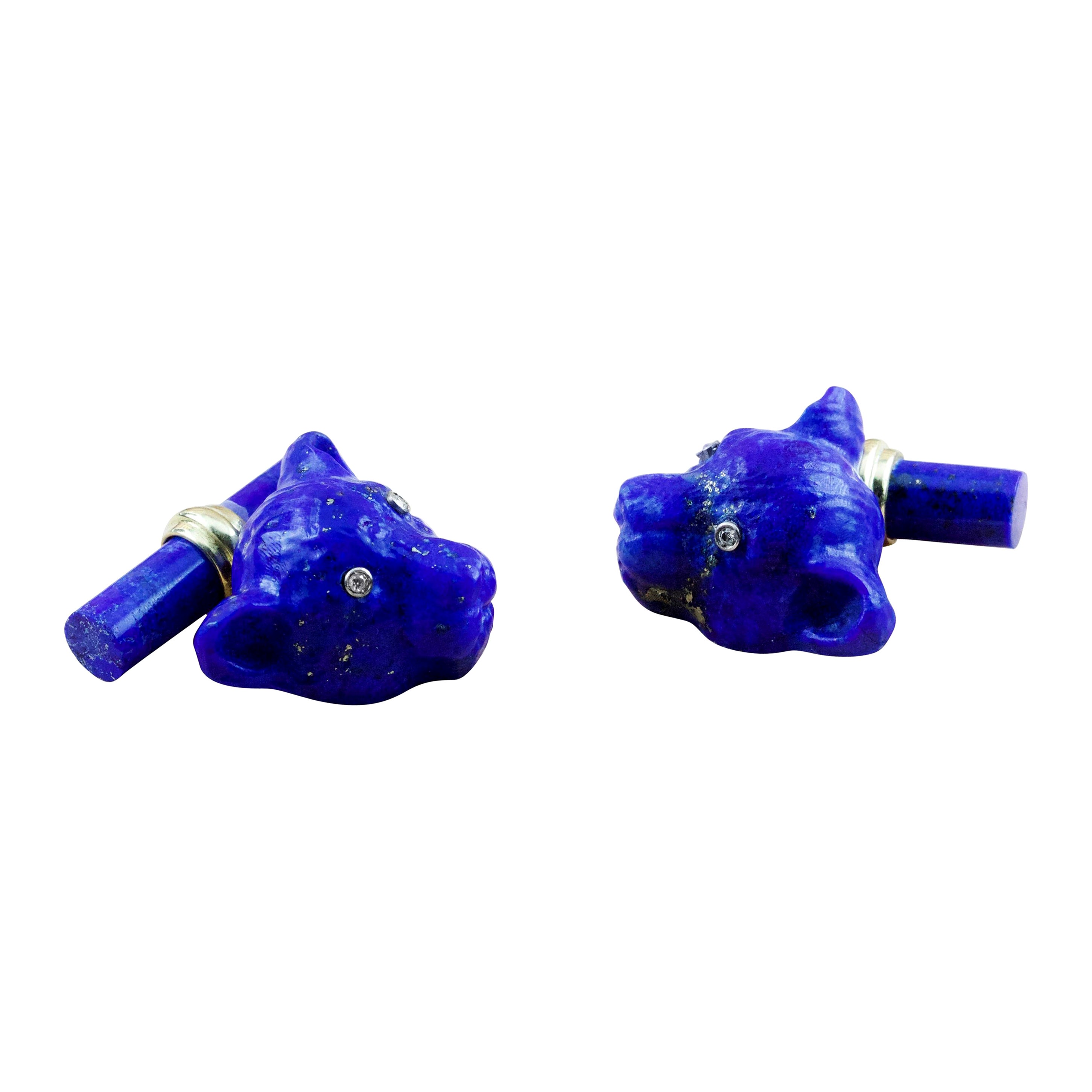 18 Karat Yellow Gold Diamonds Panther Lapis Lazuli Cufflinks