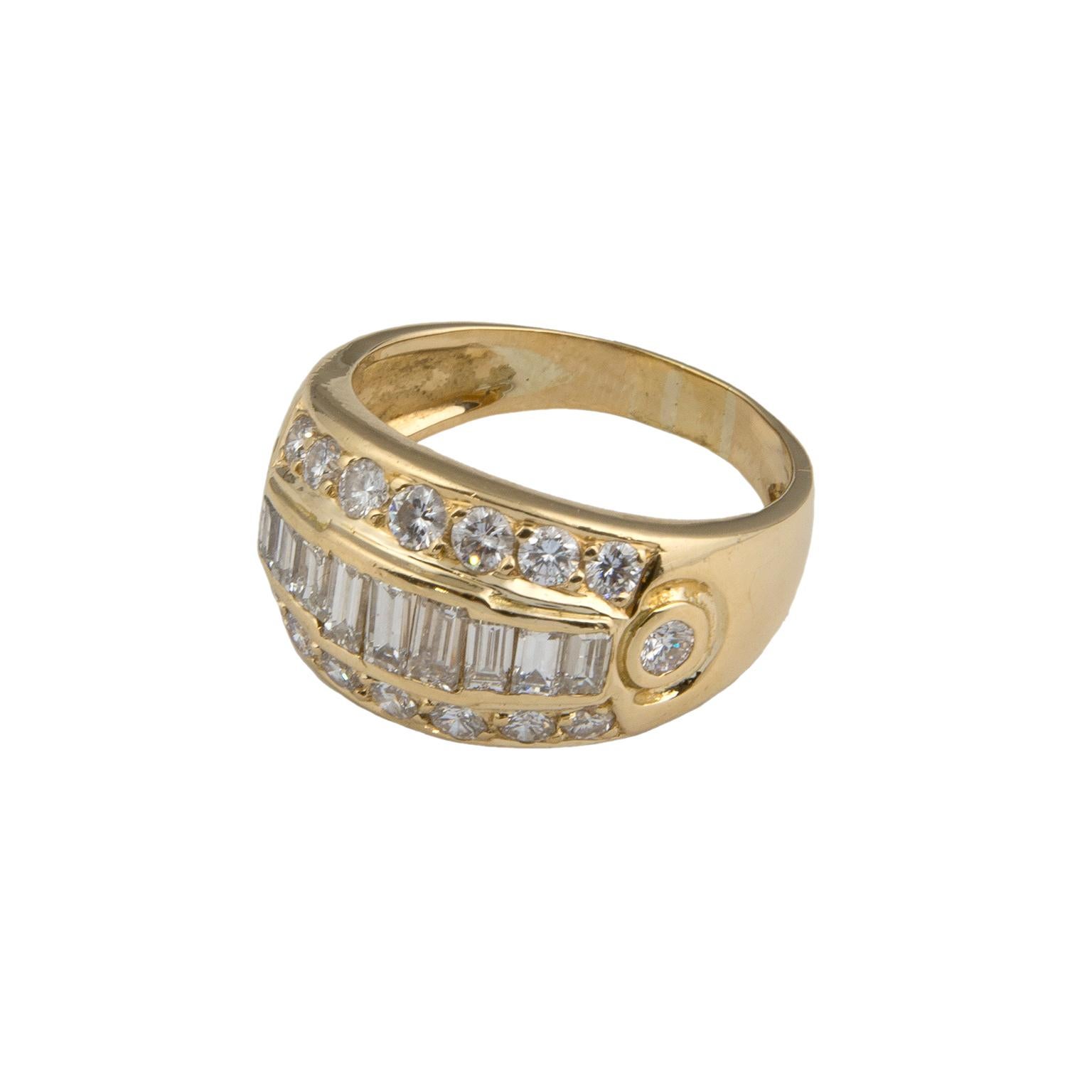 Baguette Cut 18 Karat Yellow Gold Diamonds Ring For Sale